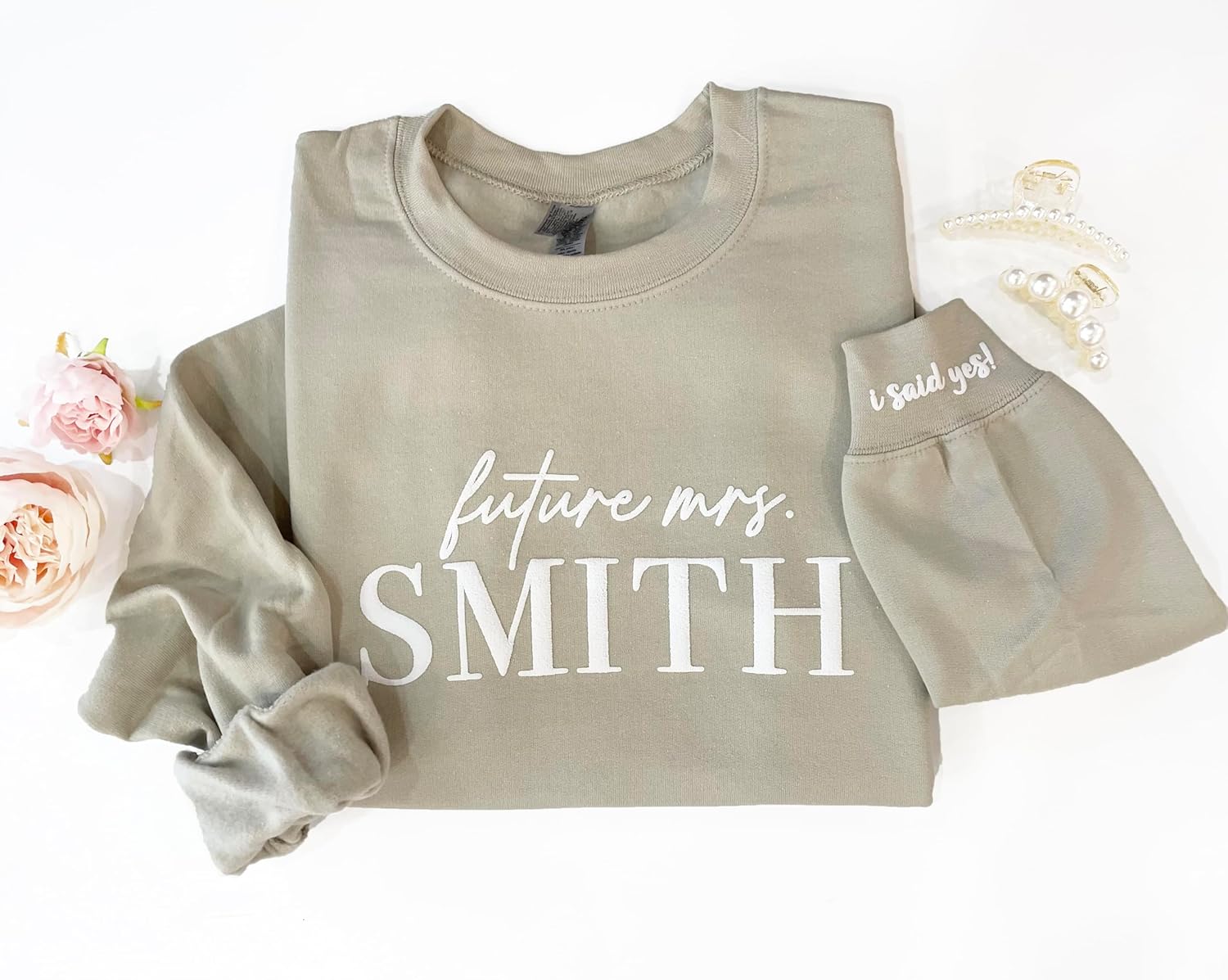 Embossed Mrs Sweatshirt - Custom Mrs Sweatshirt - New Mrs - Future Mrs - Wedding Gift - Future Mrs. Gift - I Said Yes Sweater - Engagement Gift - Newly Engaged Sand