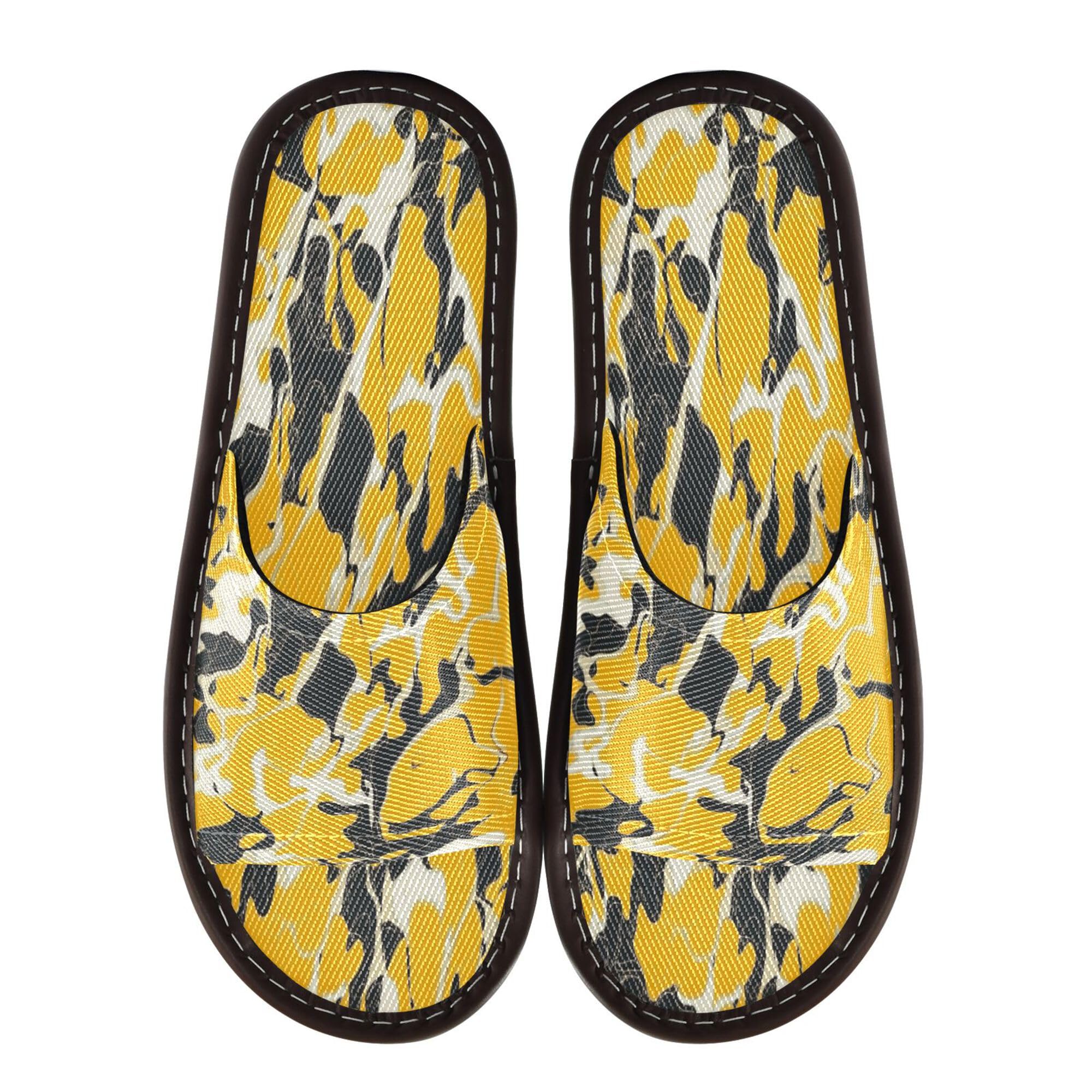 KLL Spa Shower Slippers Indoor and Outdoor Reusable Cozy Open Toe Home Shoes for Party Travel Guests 4-5 Camouflage Yellow