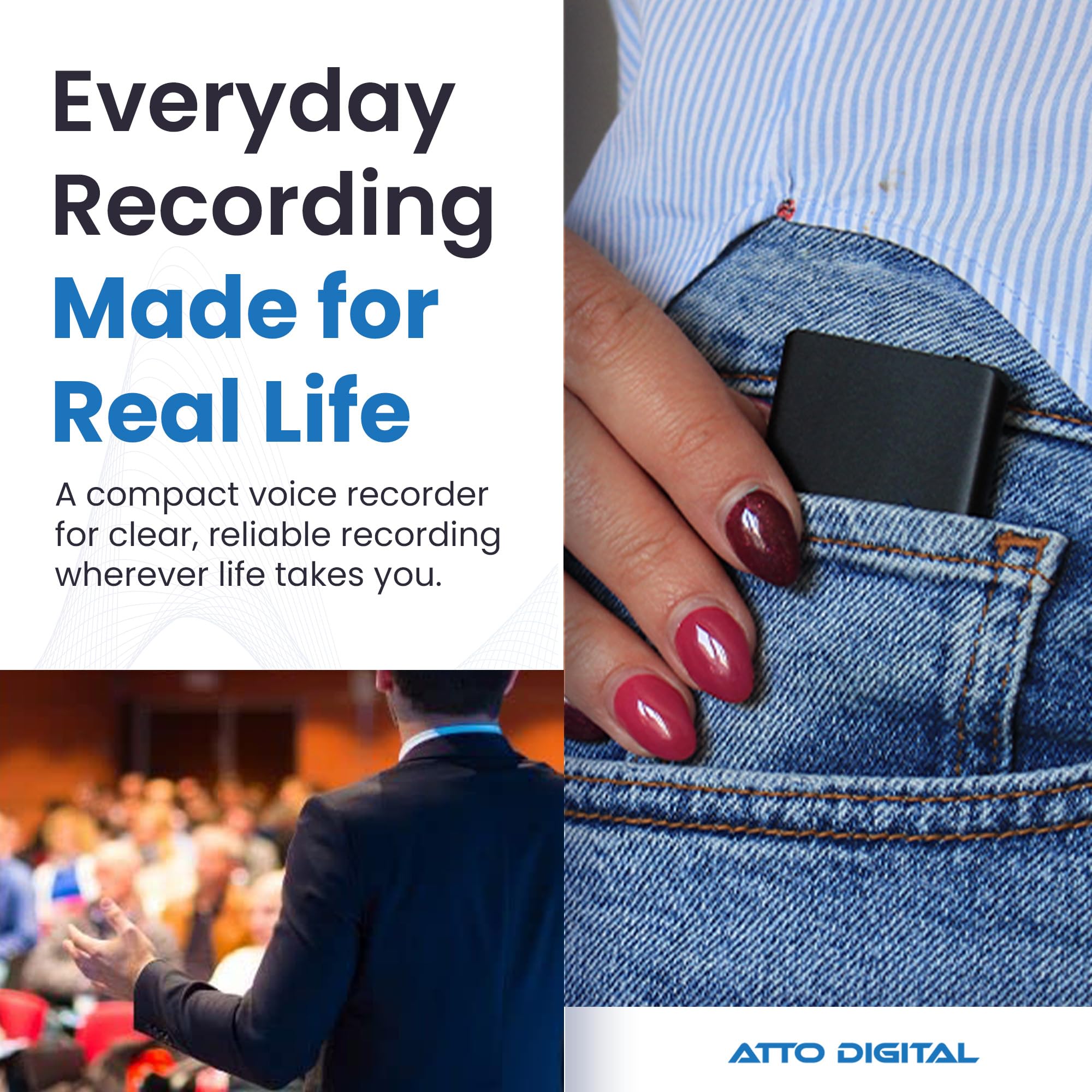 RIIMUHIR TileRec - Slimmest Voice Activated Recorder with 145 Hours Recording Capacity, MP3 Records, 24 Hours Battery Time, Metal Case – by Atto Digital