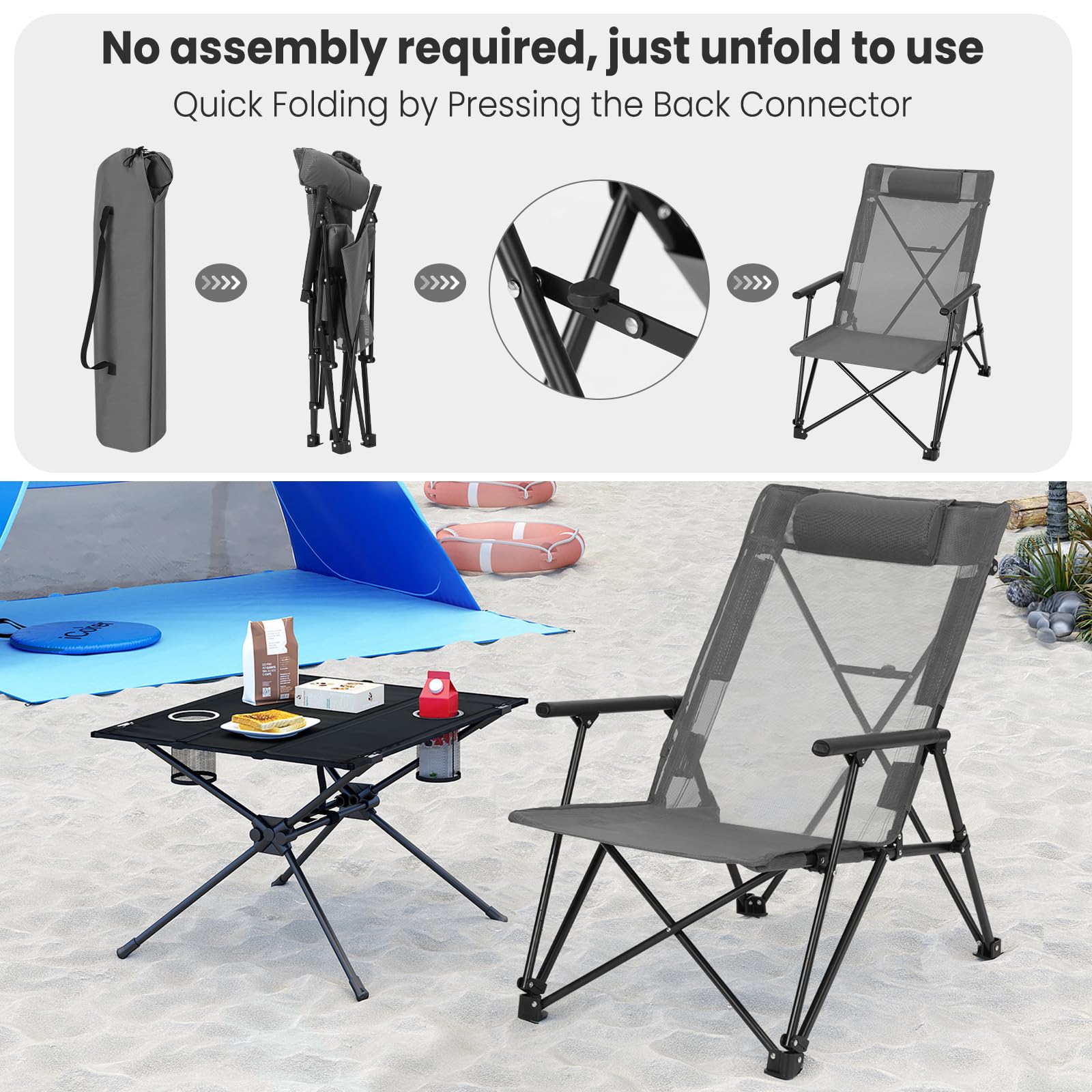 WOLTU Set van 2 ultralichte klapstoelen, max. draagkracht 150 kg, draagbaar, voor outdoor, picknick, vissen, strand, zwart donkergrijs