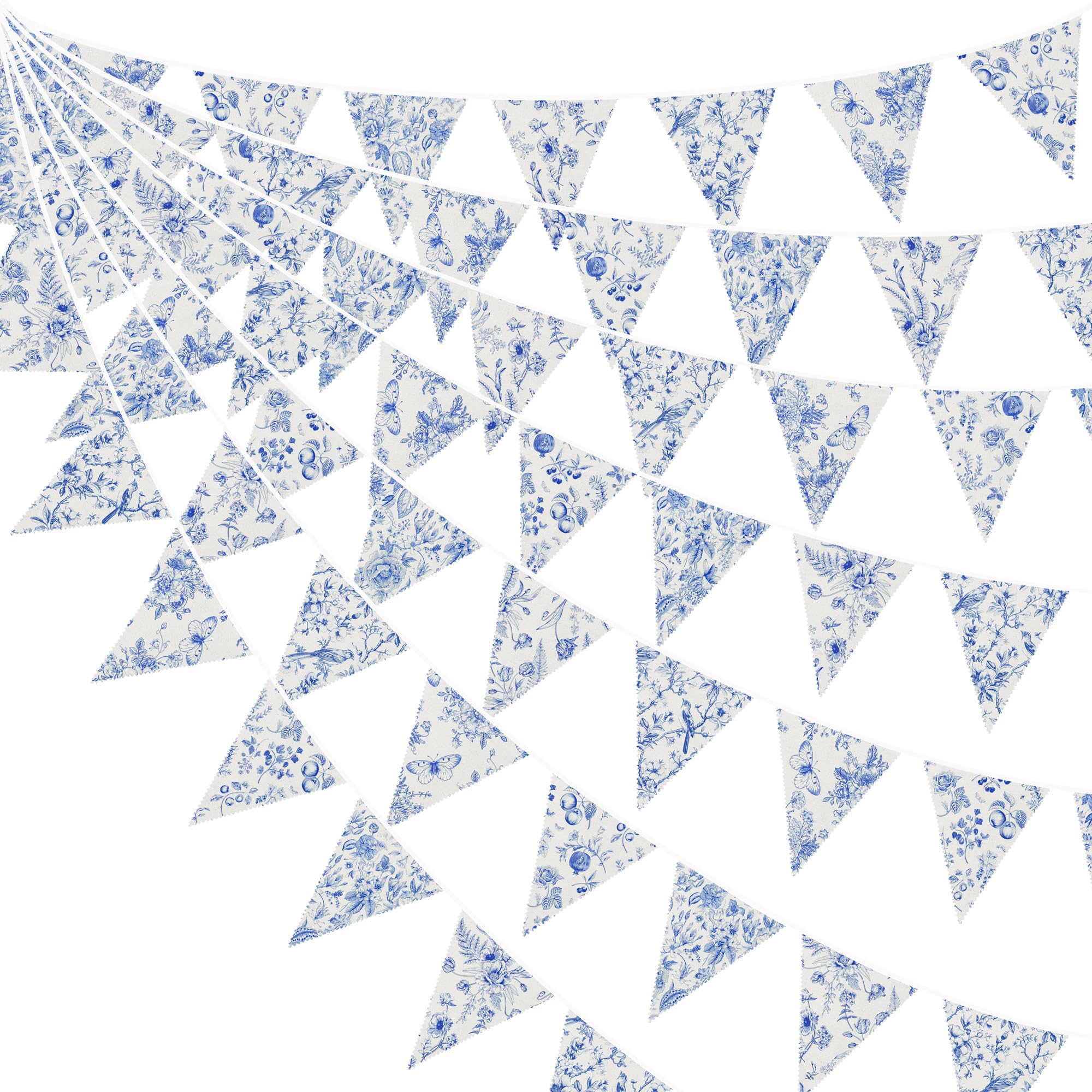 36Ft Vintage Blue Floral Burlap Banner Triangle Flag Party Decorations Retro Flower Linen Fabric Pennant Bunting Streamer for Rustic Boho Floral Spring Birthday Wedding Porcelain Baby Shower Tea Party — image 1