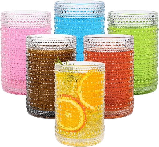 Amyoole 15oz Hobnail Drinking Glasses Set of 6,Clear Vintage Glassware Embossed Water Tumbler,Cocktail Glass Cups for Beer,Whiskey,Juice and Various Mixed Drinks