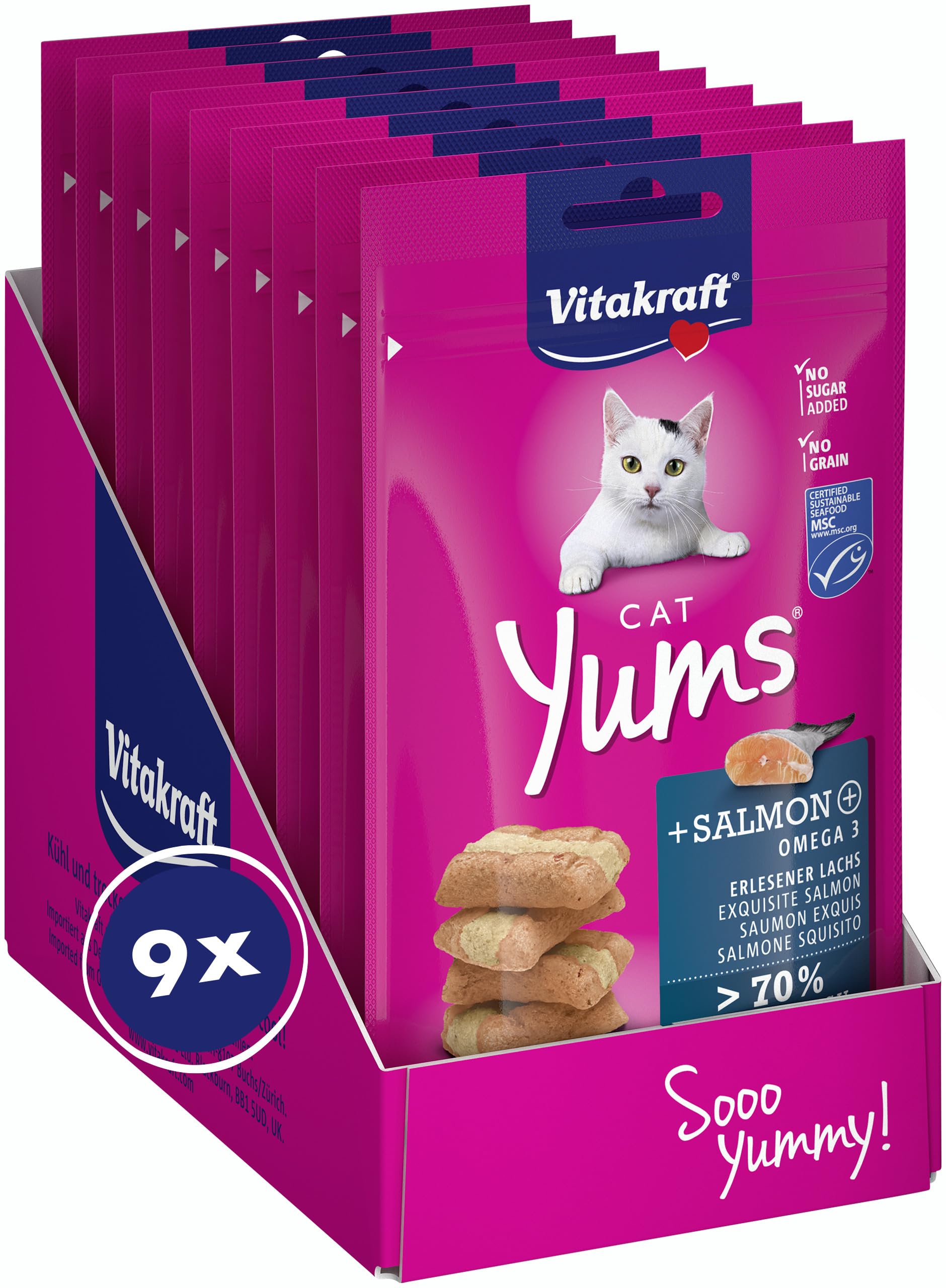Vitakraft Cat Yums, Katzensnack, mit Lachs, extra fleischig, mit sichtbarer Füllung, unterstützen Haut und Fell, in Vorratsgröße, im wiederverschließbaren Beutel (9x 40g)