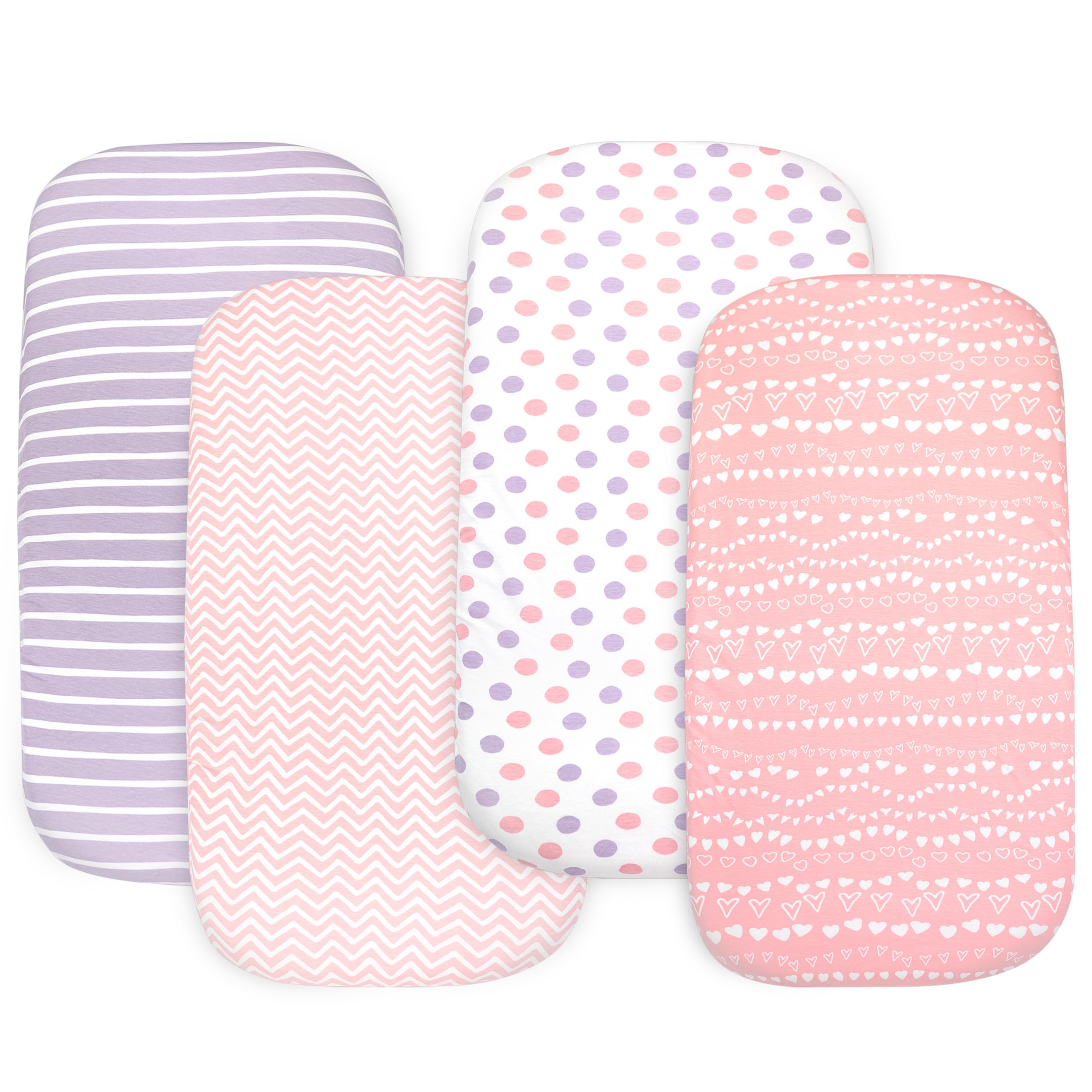 Cotton Fitted Bassinet Sheets, Bedside Sleeper Sheets 33x20x4, Pink-Purple-White, 4 Pack