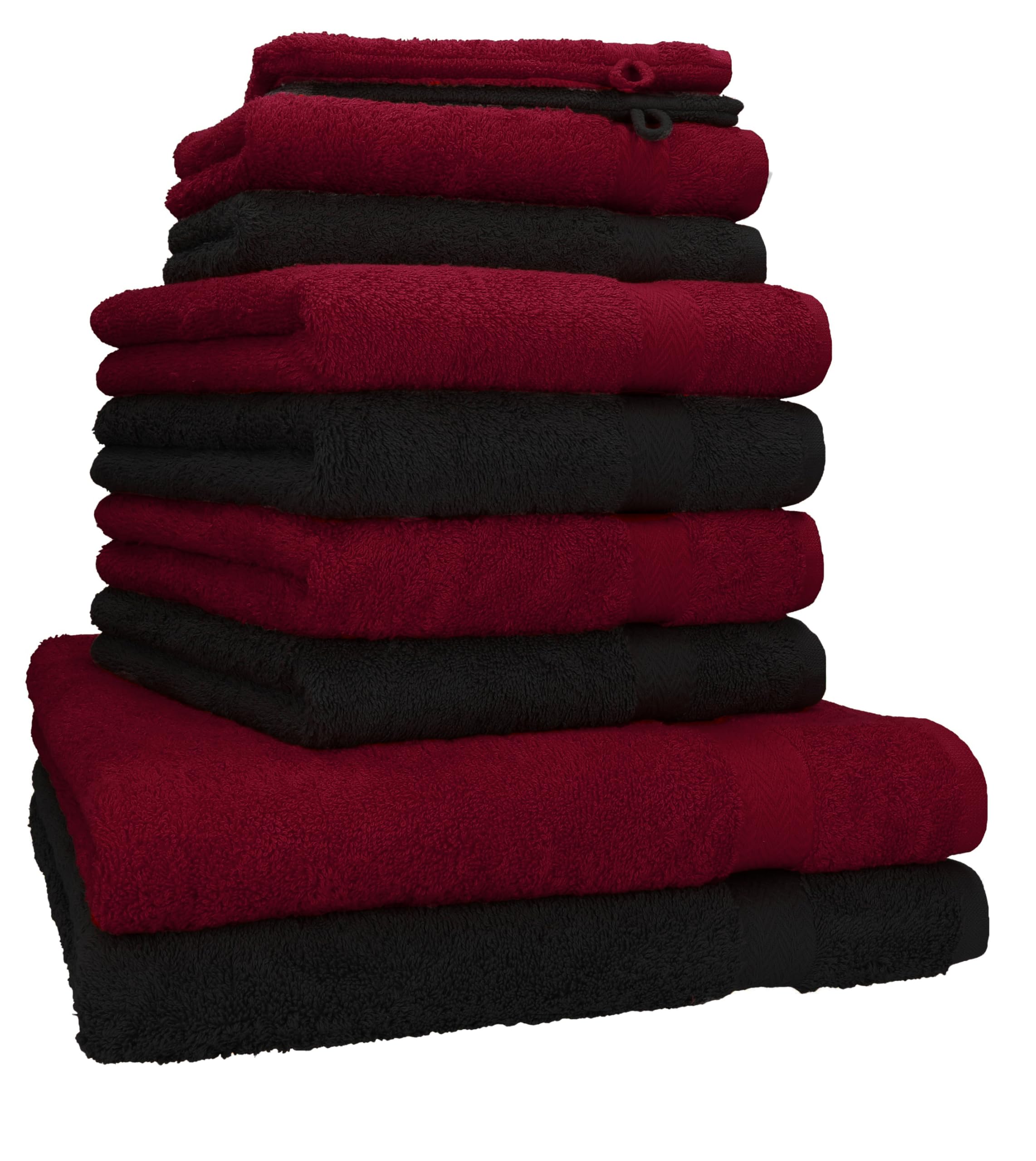 Betz 10-TLG. Handtuch-Set Premium 100% Baumwolle 2 Duschtücher 4 Handtücher 2 Gästetücher 2 Waschhandschuhe Farbe Dunkelrot & Schwarz