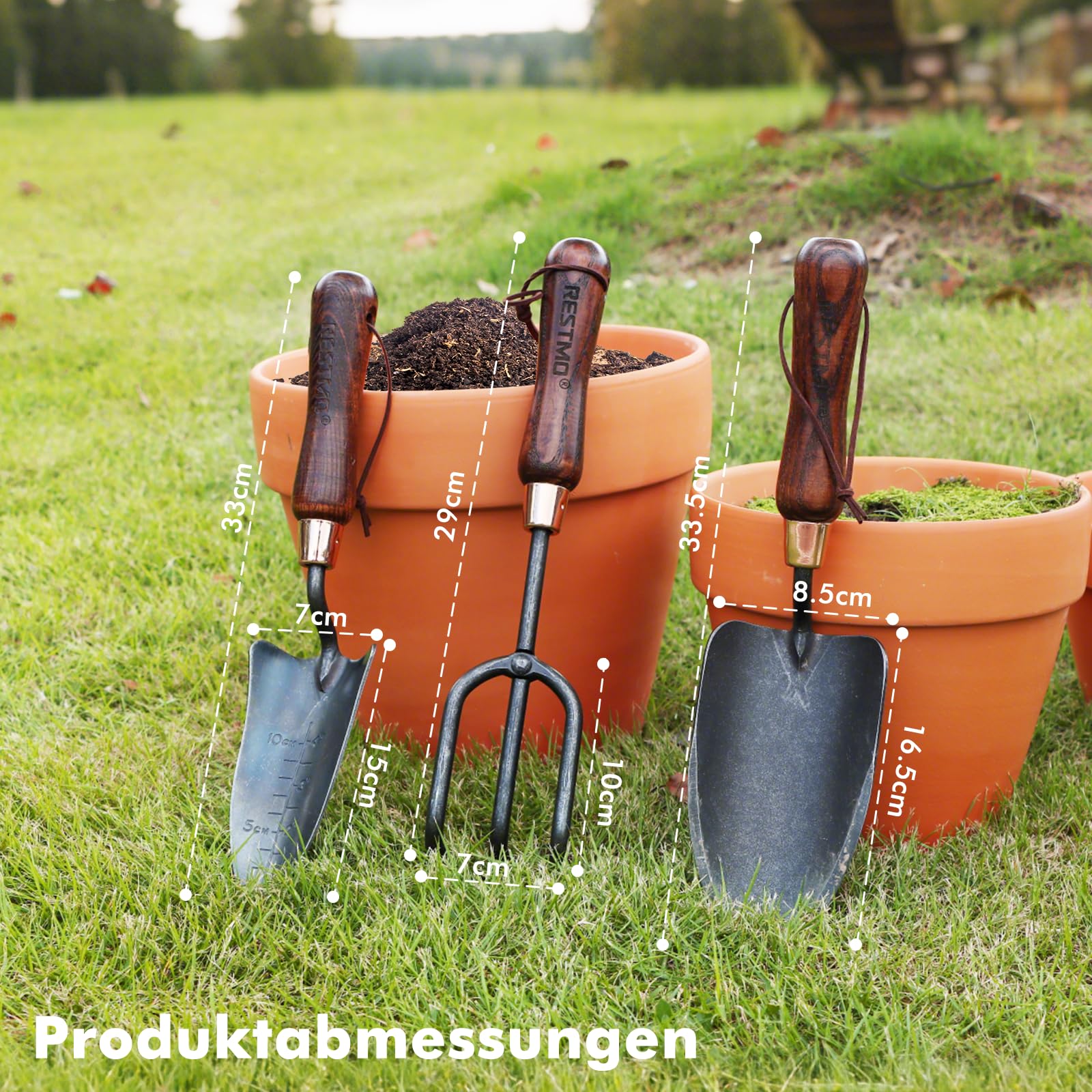 RESTMO 3-teiliges Gartengeräte-Set, Gartenwerkzeuge aus Kohlenstoffstahl mit Holzgriff, inklusive Gartenschaufel, Pflanzkelle und Gartenkralle, Geschenk für Gartenliebhaber