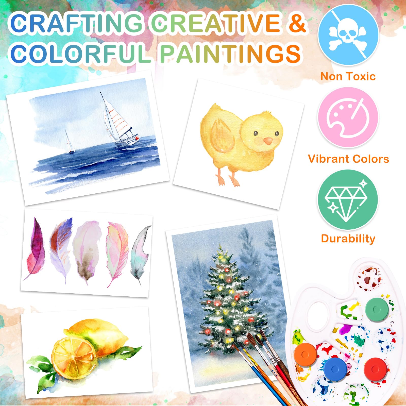 Nuanchu Lot de 120 gâteaux de peinture Tempera 15 couleurs lavables pour peinture, dessin, loisirs créatifs