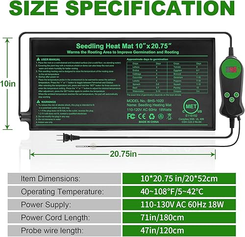 Miniatura 6 de Tapete térmico de plántulas con controlador de temperatura integrado (paquete de 2), almohadilla térmica de plantas de 10 x 20.75 pulgadas con