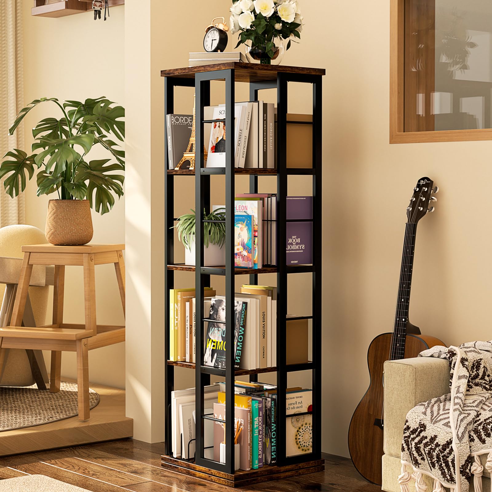 Étagère à livres rotative iSunirm, étagère d'angle, bibliothèque pivotante en bois à 360°, bibliothèque sur pied, étagère étroite et tournante, meuble de rangement pour petits espaces, marron rustique