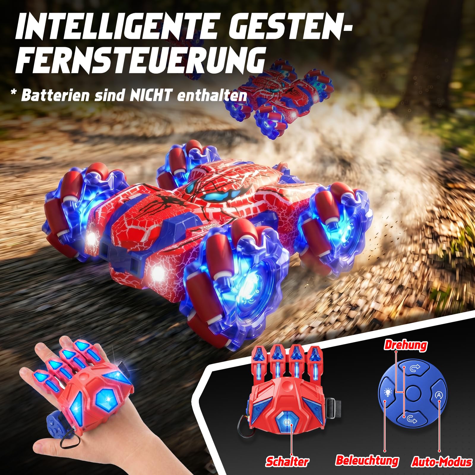 Spider Ferngesteuertes Auto mit Gestenerkennung ab 4 5 6 7 8 9 10 11 12 Jahre, Doppelseitige RC-Autos mit Ganzkörperbeleuchtung, 2,4 GHz Handgesteuertes Wiederaufladbares RC-Stunt-Auto
