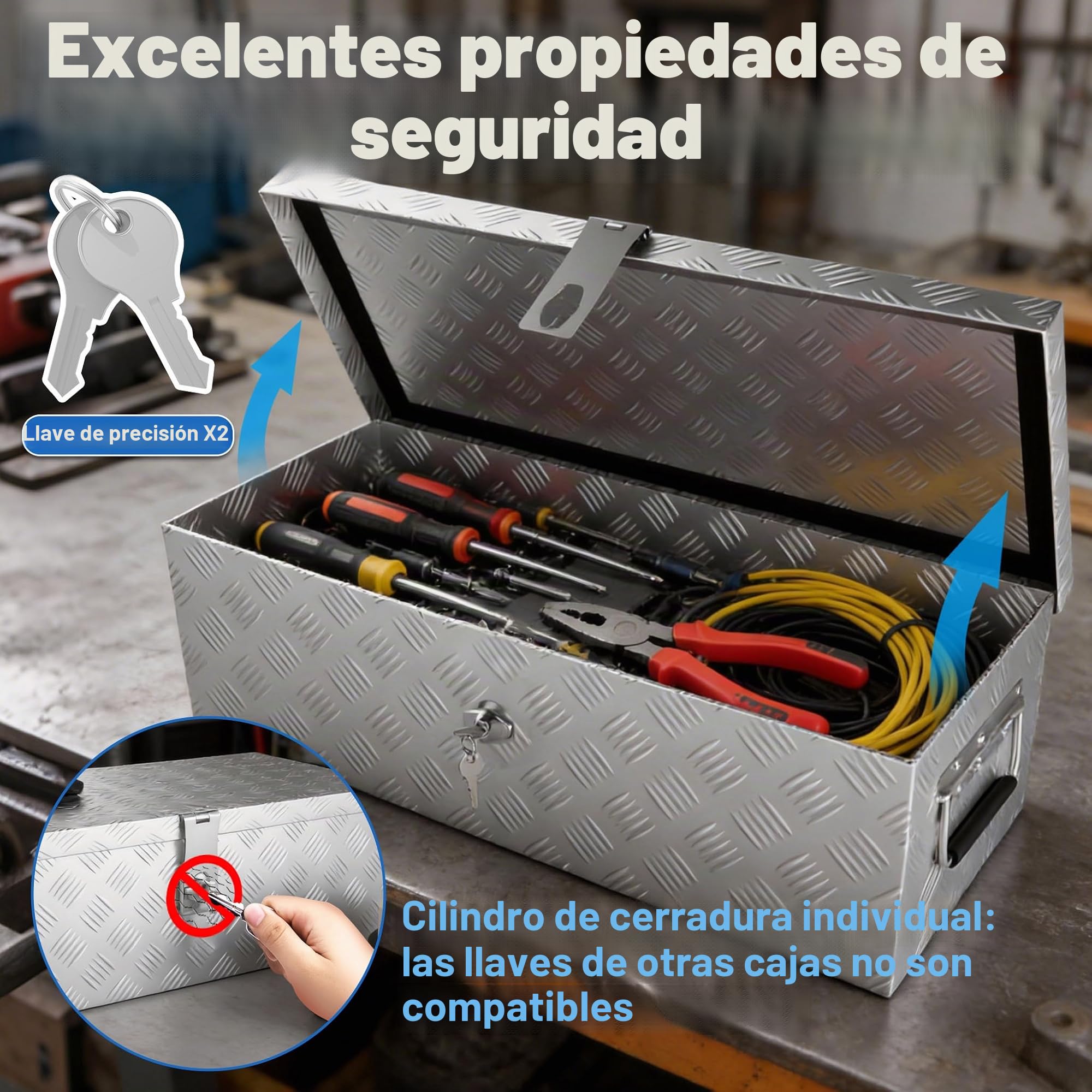 UISEBRT Caja de herramientas de aluminio con cerradura, caja de transporte de aluminio, 520 x 160 x 220 mm, robusta caja de aluminio para herramientas, caja de remolque, caja impermeable con 2 llaves