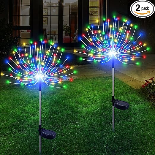 Solar Garden Lights Outdoor Waterproof, 2 Pack 120 LED Solar Firework Lights Decorative Garden Décor Outside for Flowerbed Pathway Party Christmas Decoration, Multicolor