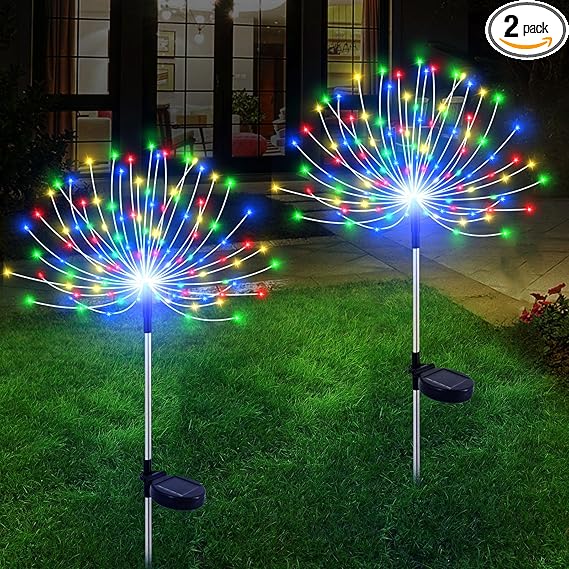 Solar Garden Lights Outdoor Waterproof, 2 Pack 120 LED Solar Firework Lights Decorative Garden Décor Outside for Flowerbed Pathway Party Christmas Decoration, Multicolor