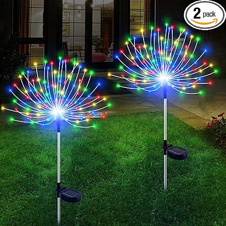 Solar Garden Lights Outdoor Waterproof, 2 Pack 120 LED Solar Firework Lights Decorative Garden Décor Outside for Flowerbed Pathway Party Christmas Decoration, Multicolor