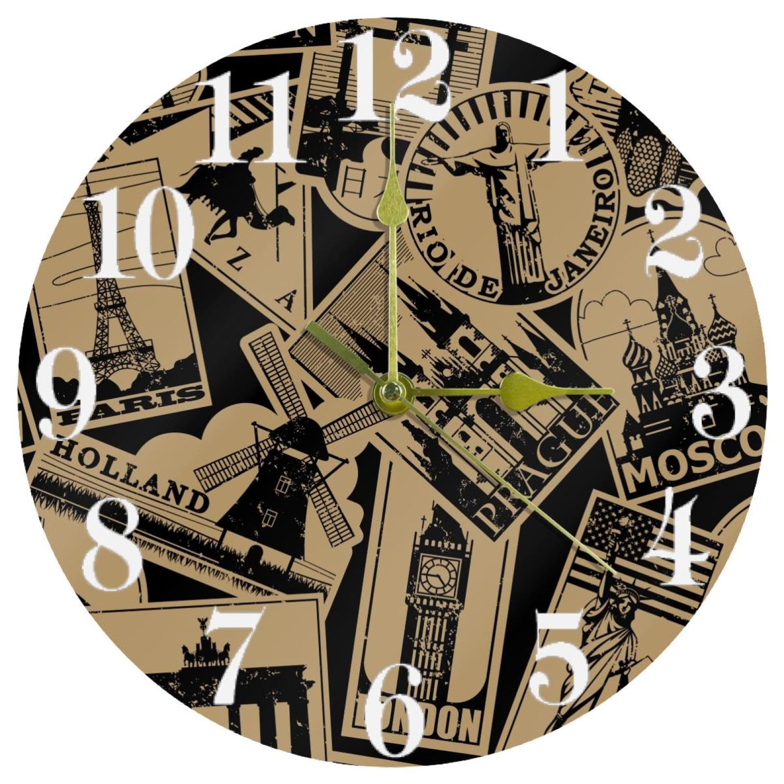 Horloge murale vintage Paris à quartz sans tic-tac avec étiquettes voyage
