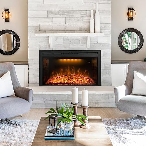 Miniatura 7 de Benrocks Insertos de chimenea eléctrica de 43 pulgadas, calentador eléctrico de pared empotrado y construido con sonido crepitante de fuego, luz