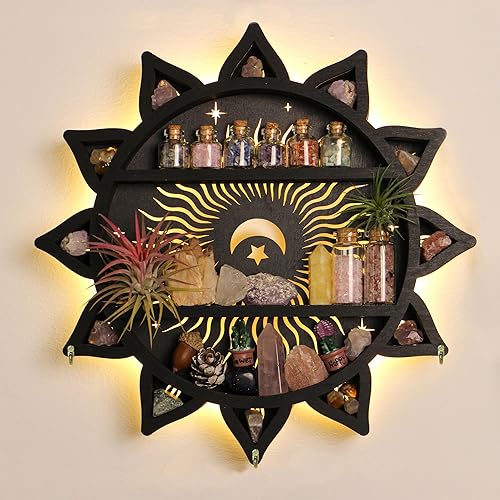 Chakra Lotus Flower Crystal Display Shelf with LED Light, Witchy Home Decor Boho Decorative Wall Mounted Trinket Shelf Wooden Sun Moon Shelf Rock Case Stone Storage Floating Hanging Holder - Upgrade - With Led Light