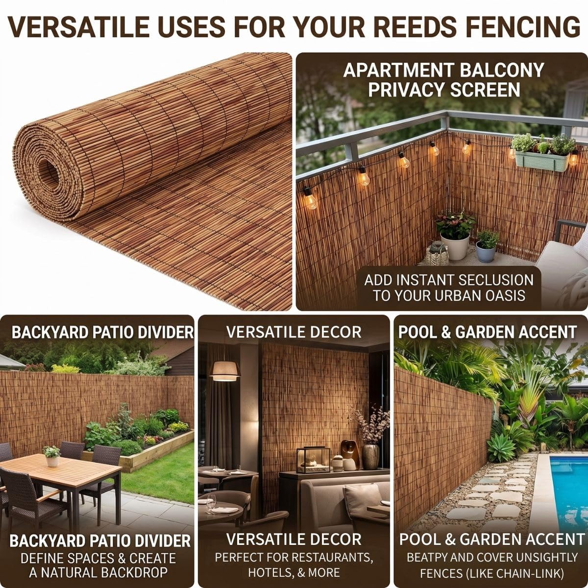 Stuoia in Canna Canniccio Ombreggiante per Giardino Esterno Arella in Bambù Naturale con Fascette 100/120/130/150/160/180 cm Recinzione Decorativo per Balcone Piscina Patio Gazebo(H180xL200cm)