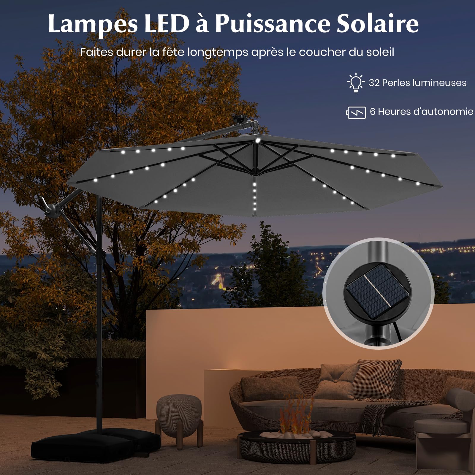 GOPLUS Parasol de Jardin Extérieur avec Pied, Parasol Déporté 3x3M, avec 40 Lampes Solaires, Toile Inclinable, Manivelle, 8 Baleines, Anti-UV, pour Terrasse Cour Patio (Gris)