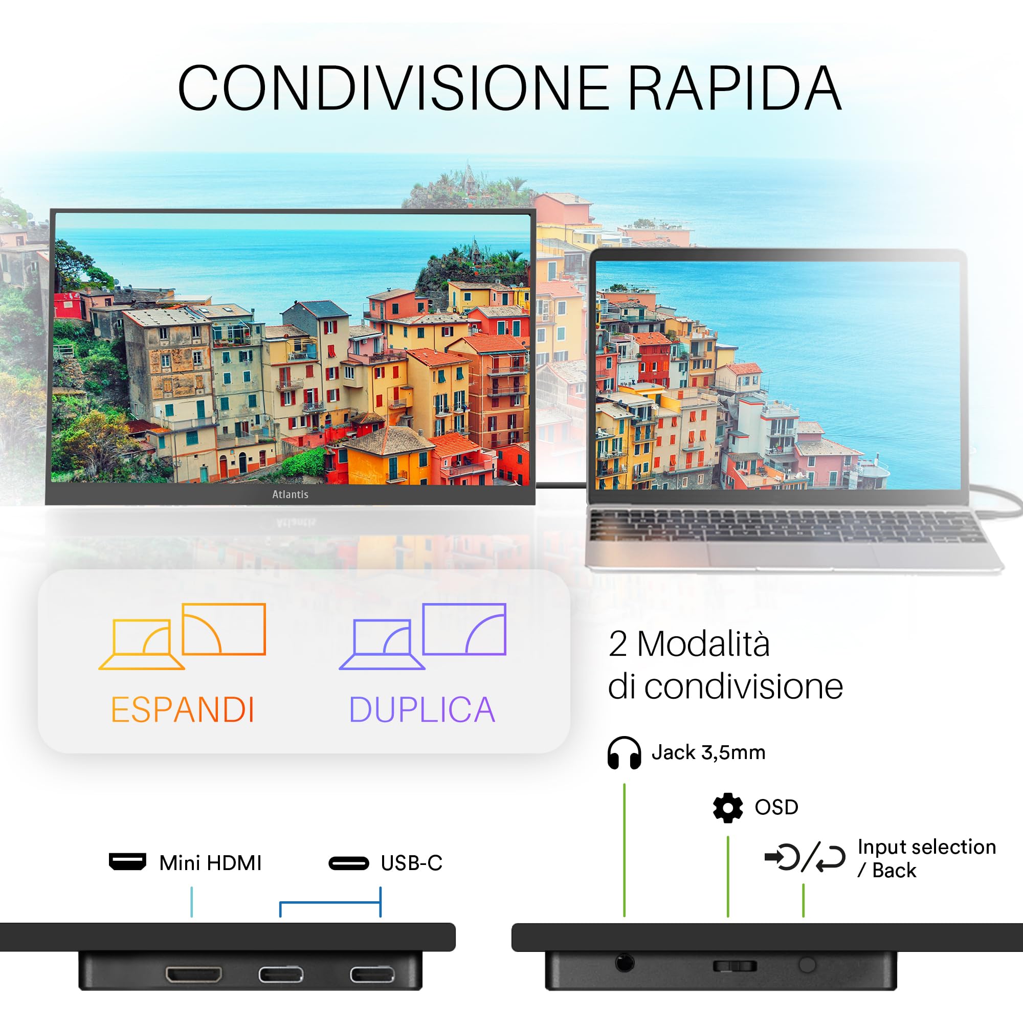 Atlantis Monitor Portatile 16” IPS Full HD, HDMI/USB-C, sotto 1 kg | Speaker 2x1W, inclinazione regolabile, per notebook, console e Switch, cavi inclusi, cod. A05-P156WP