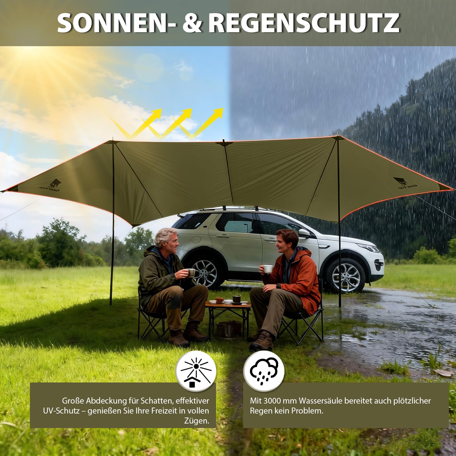 GEERTOP 3,5 x 5,8 m Auto Markise Sonnensegel, Wasserdicht 3000 mm Große Vorzelt Auto mit 2 höhenverstellbaren Stangen, Wasserabweisendes Sonnendach für Autocamping, Van, Campers, Caravan Tarp