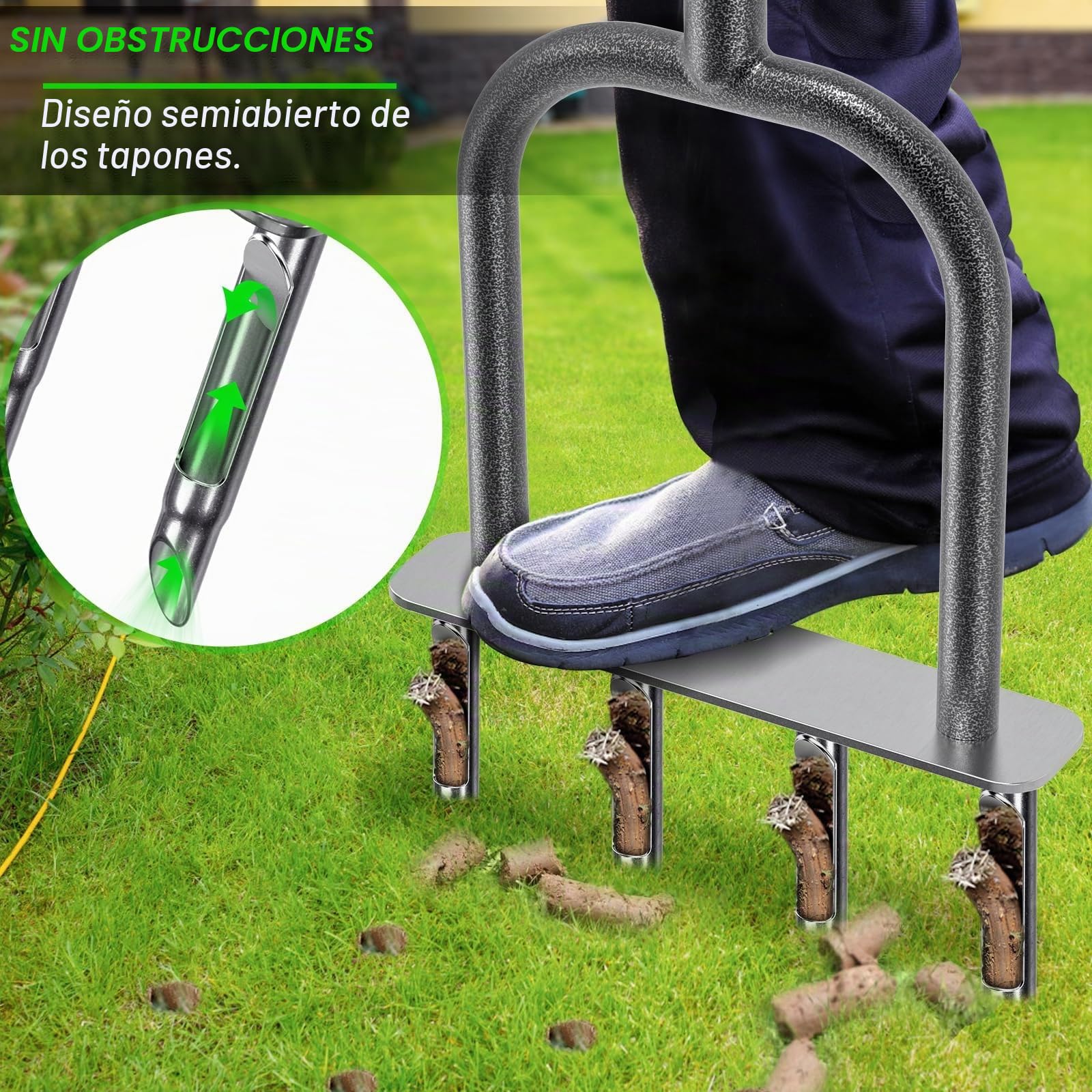 Dolibest Herramienta de aireador manual para césped, aireadores manuales de enchufe de patio con 4 tapones semiabiertos de acero inoxidable, herramienta de aireación manual premontada y herramienta de