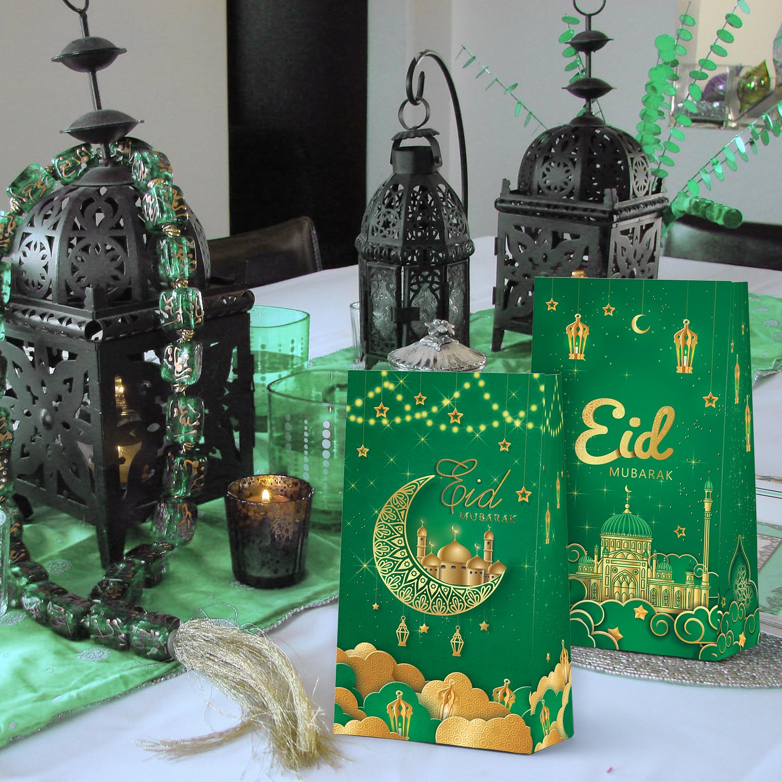 KALEFO 24 PCS Eid Mubarak Favor Gift Bags Ramadan Muslim Party Supplies Goodie Treat Bags for Candy Table Decorations Eid Birthday Celebrations Green