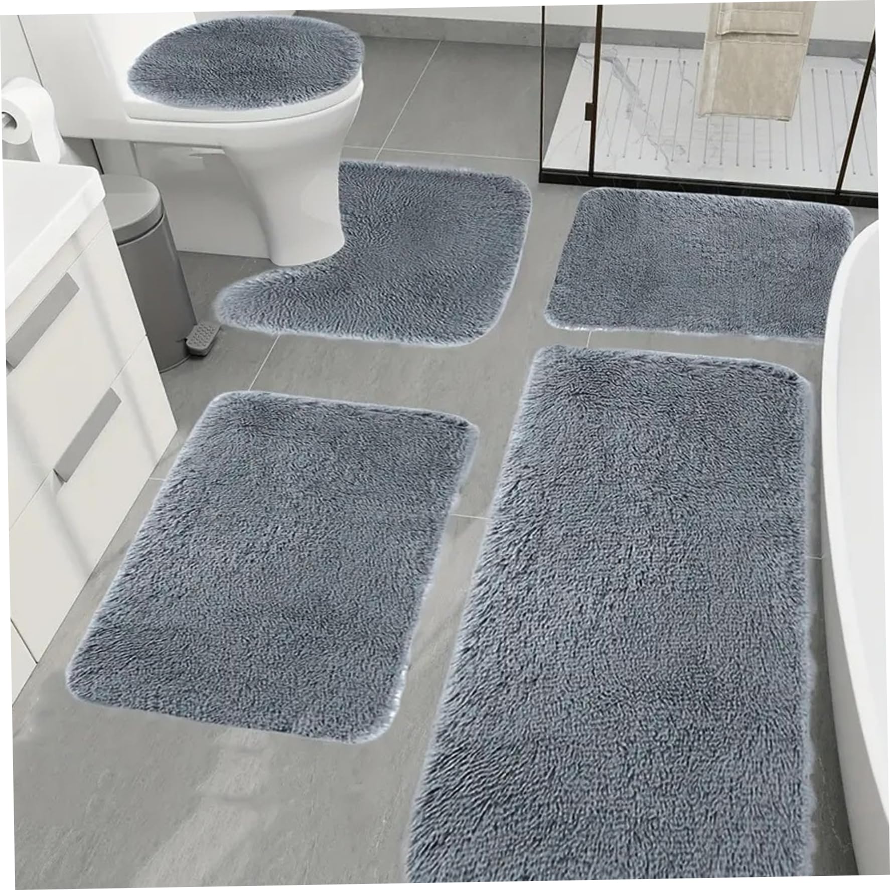 Xoeryoy Bathroom Mat Set(5Pcs), Soft Longhair Water Absorption Non-Slip Bath Rugs Set with Toilet Cover Thick Machine Washable Bathroom Floor Mats