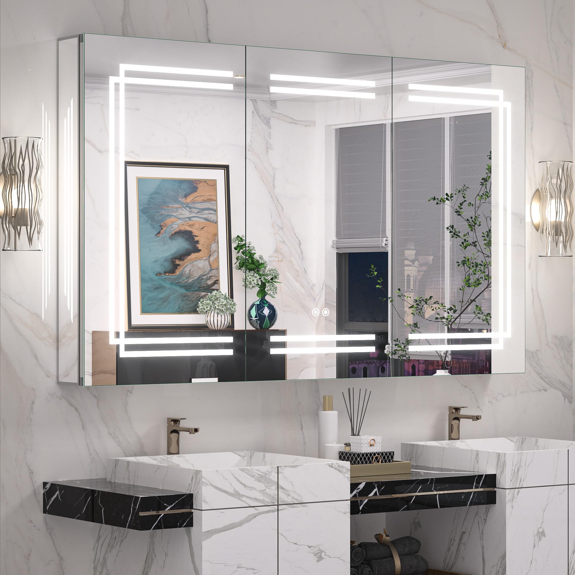 Keonjinn 48 x 32 Inch Large Medicine Cabinet with Lights, LED Medicine Cabinet Mirror for Bathroom, Adjustable Shelves, Tempered Glass, No Outlets,