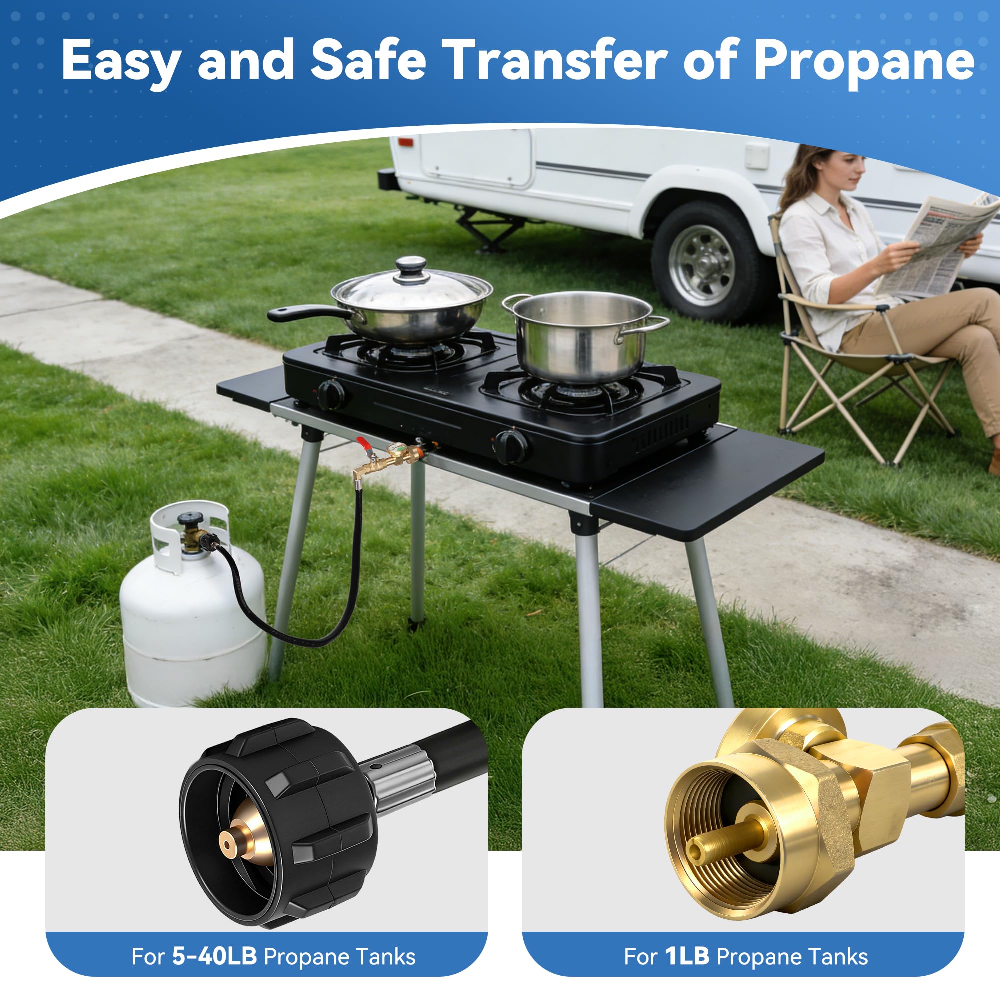 Adapter do napełniania propanu do zbiorników 0,5 kg, wąż 3FT z manometrem i zaworem, wytrzymały mosiądz, złącze QCC1/Type1, bezpieczne napełnianie butli 9 kg na kemping