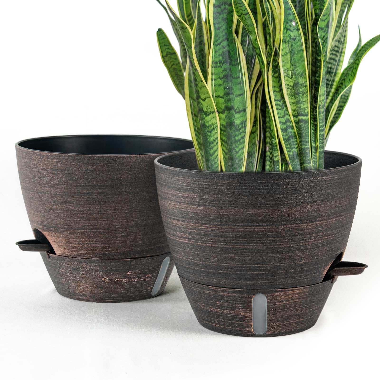 ZMTECH 30 cm Plant Pots with Drainage Holes Saucer Self Watering Planters with Watering Inlet Plastic Flower Pot for Indoor Outdoor Plants (Set of 2, Bronze)