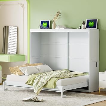 Merax Murphy Bed, Queen Murphy Cabinet Bed, Rattan Wood Cube Cabinet Bed Frame, Wall Bed Queen Size with Charging Station for Small Apartments, Bedroom, Guest Room, Studios, Home Office, White