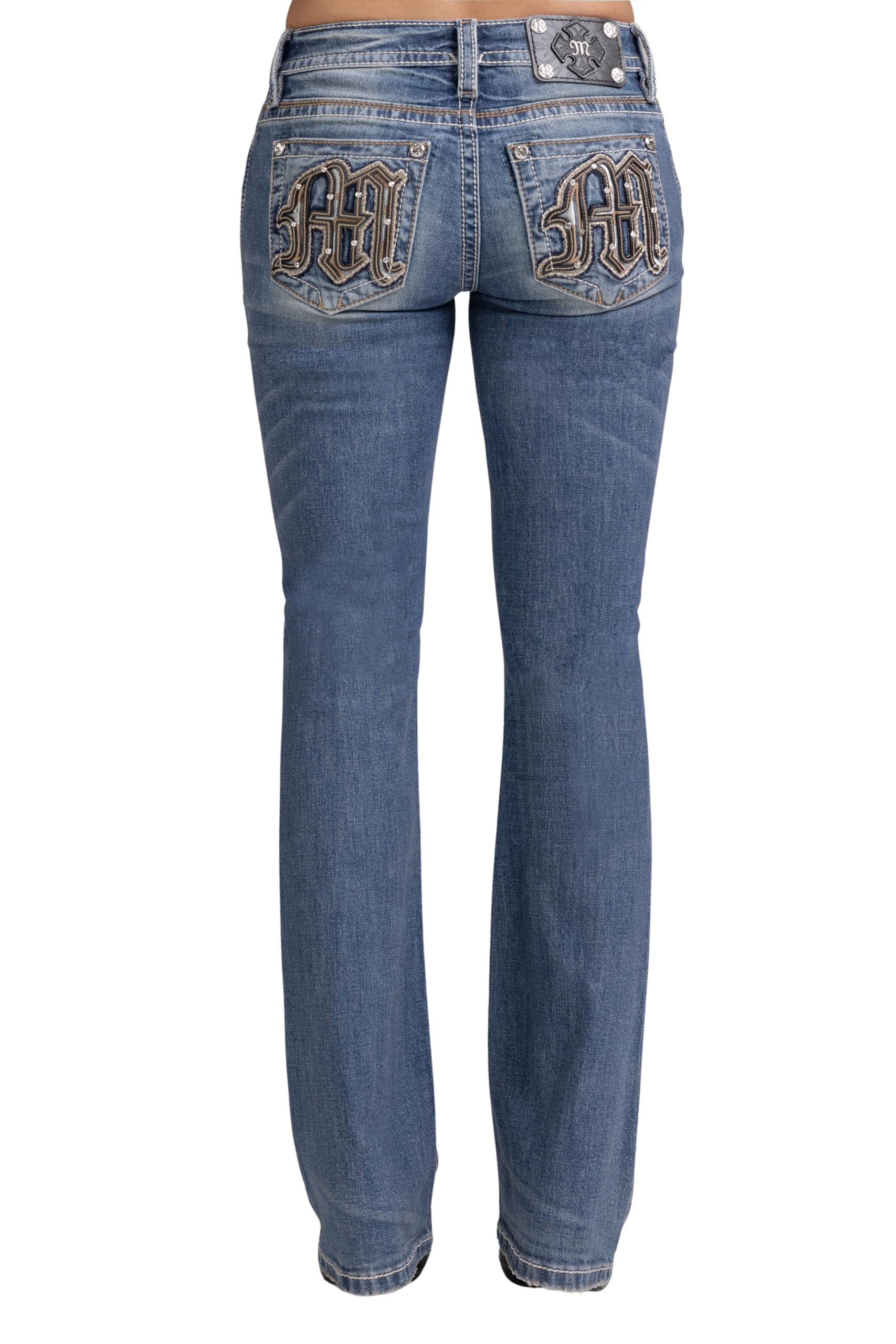 Miss Me Women's Melody Big M Logo Embellished Pockets Mid-Rise Bootcut Jeans