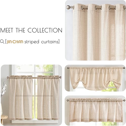 Miniatura 6 de jinchan Cortinas de cocina de 24 pulgadas de largo, de lino, a rayas, con cintas en la parte superior, cortas, filtran la luz, con jareta, para sala