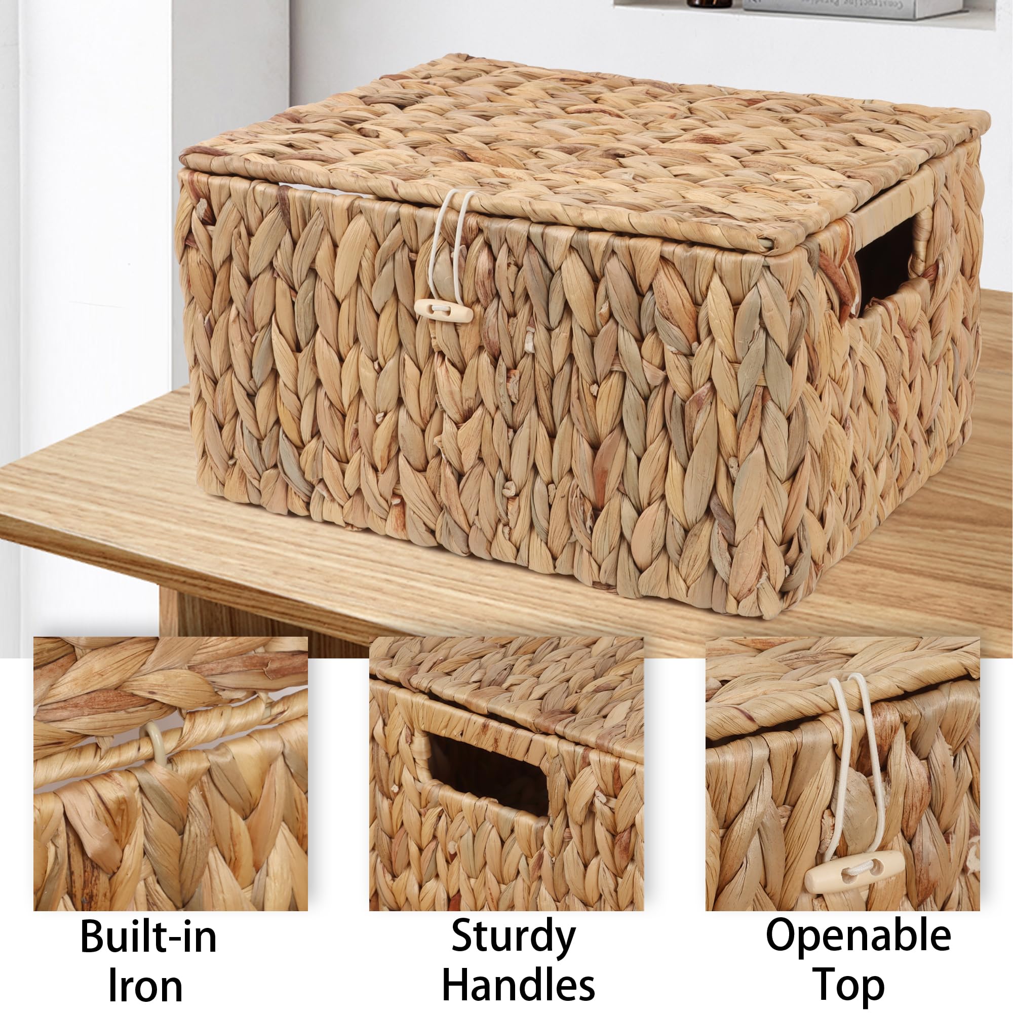 Moosky Canastas de mimbre con tapa, cestas de almacenamiento rectangulares con asas, tejidas a mano, organizador de escritorio para el hogar, cajas de decoración (natural, 11.2 x 8.2 x 5.7 pulgadas +
