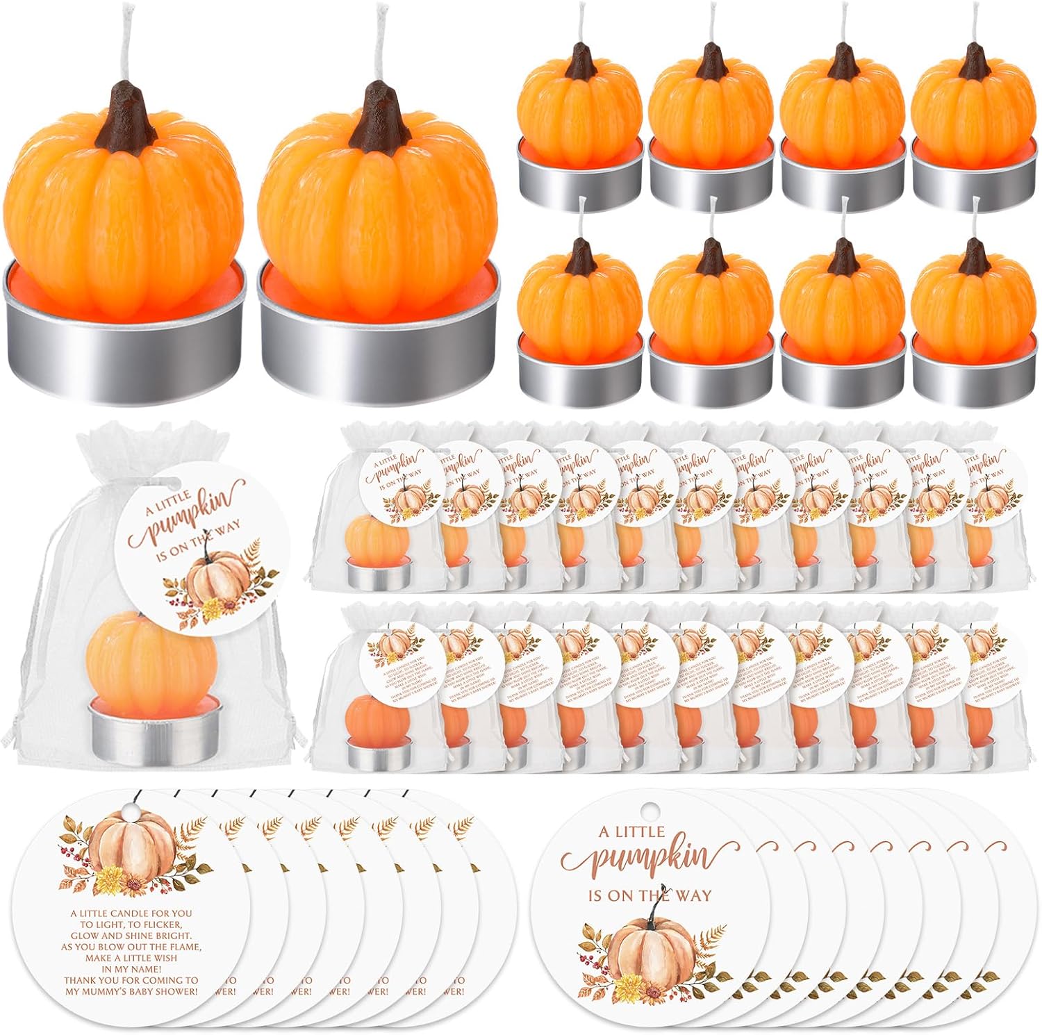 Nuanchu Little Pumpkin Baby Shower Favors - 50 Sets with Candles, Cards, and Bags for Fall and Thanksgiving Parties
