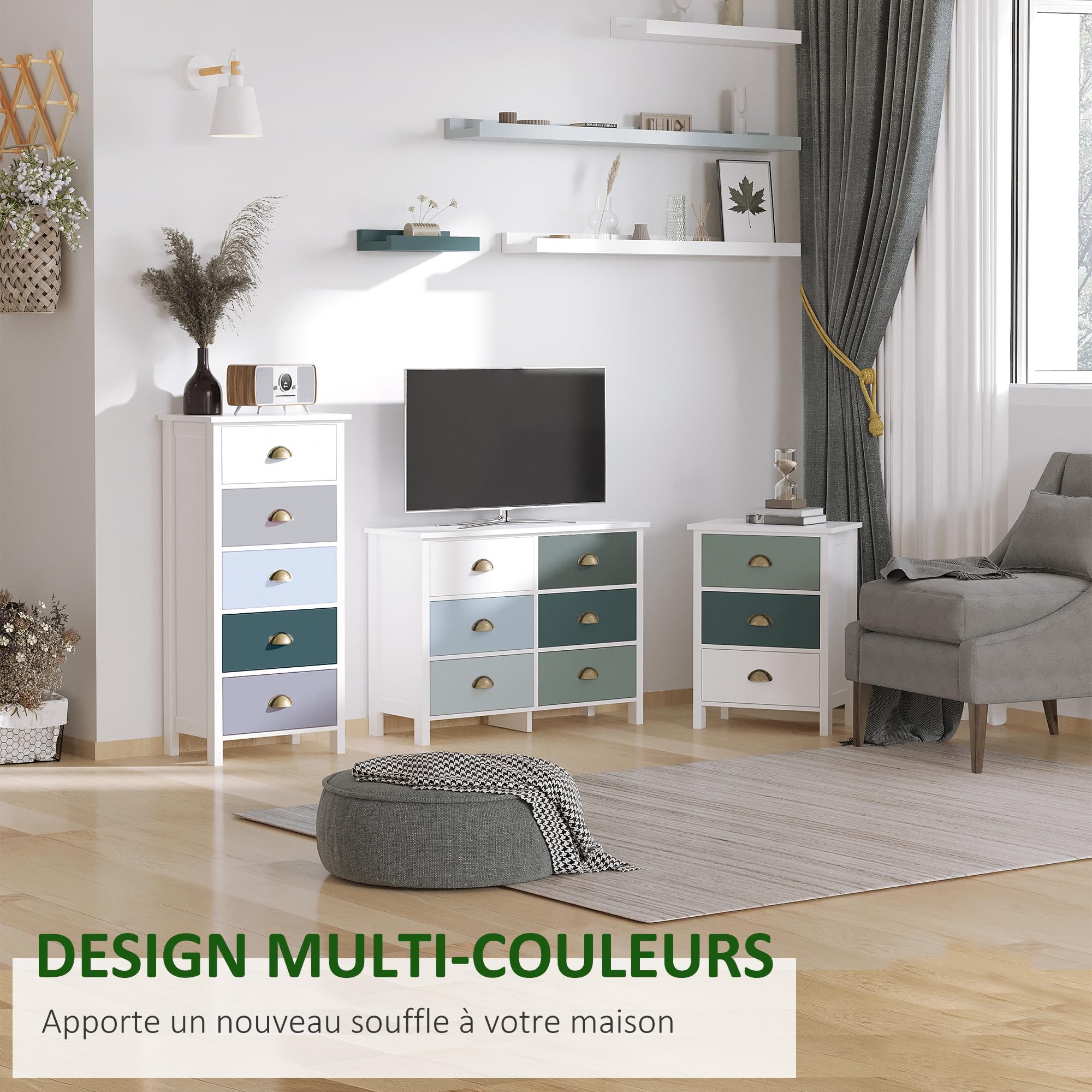 HOMCOM Chiffonnier Commode 5 tiroirs 45L x 30l x 95,4H cm Multicolores | Meuble de Rangement, Poignée Métal Coquille, MDF