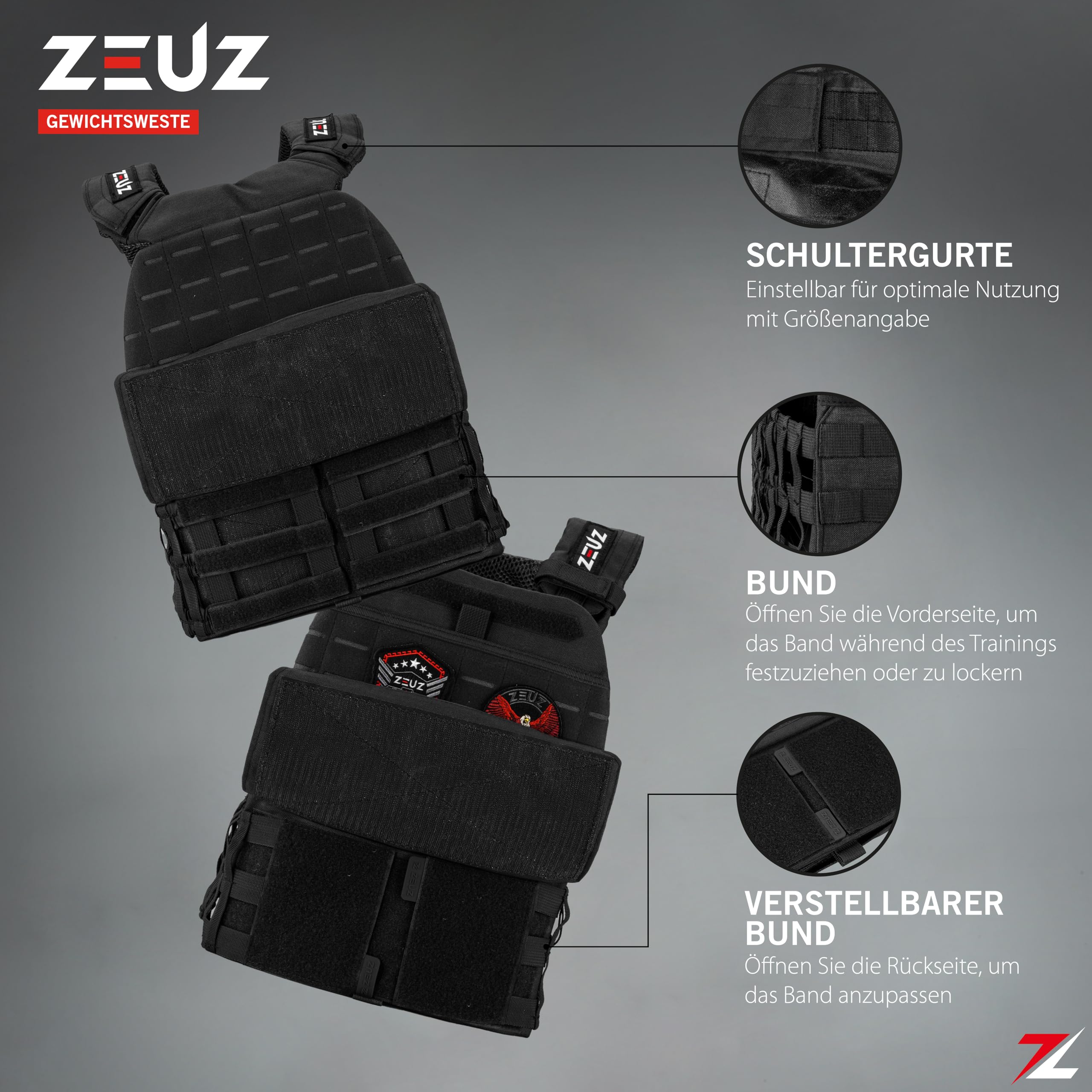 ZEUZ Verstellbare Gewichtsweste 16,5 KG für Fitness, Calesthenics & CrossFit - Weights Plattenträger, Taktische Weste, Plate Carrier & Tactical Gewicht Vest - Enthält 4 Patches - 19 Gewichte