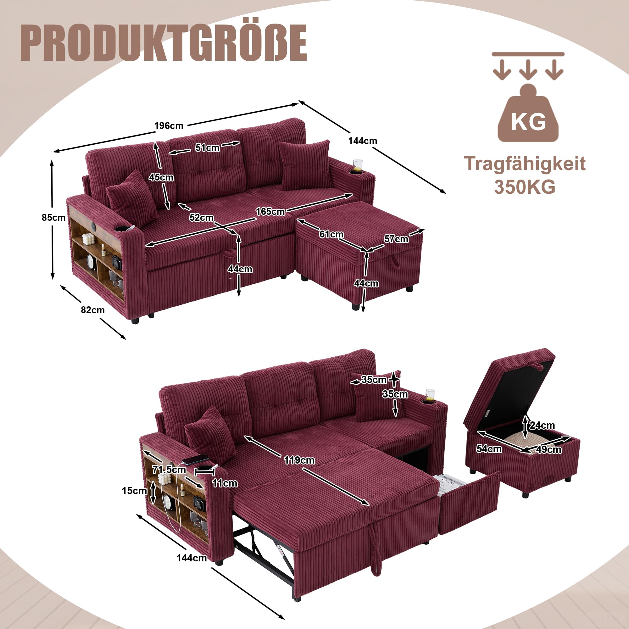Modułowa sofa ze sztruksu, sofa do spania z wysuwaną funkcją spania i oświetleniem, składana sofa z poduszką na siedzisko i oparcie, kolor czerwonego wina