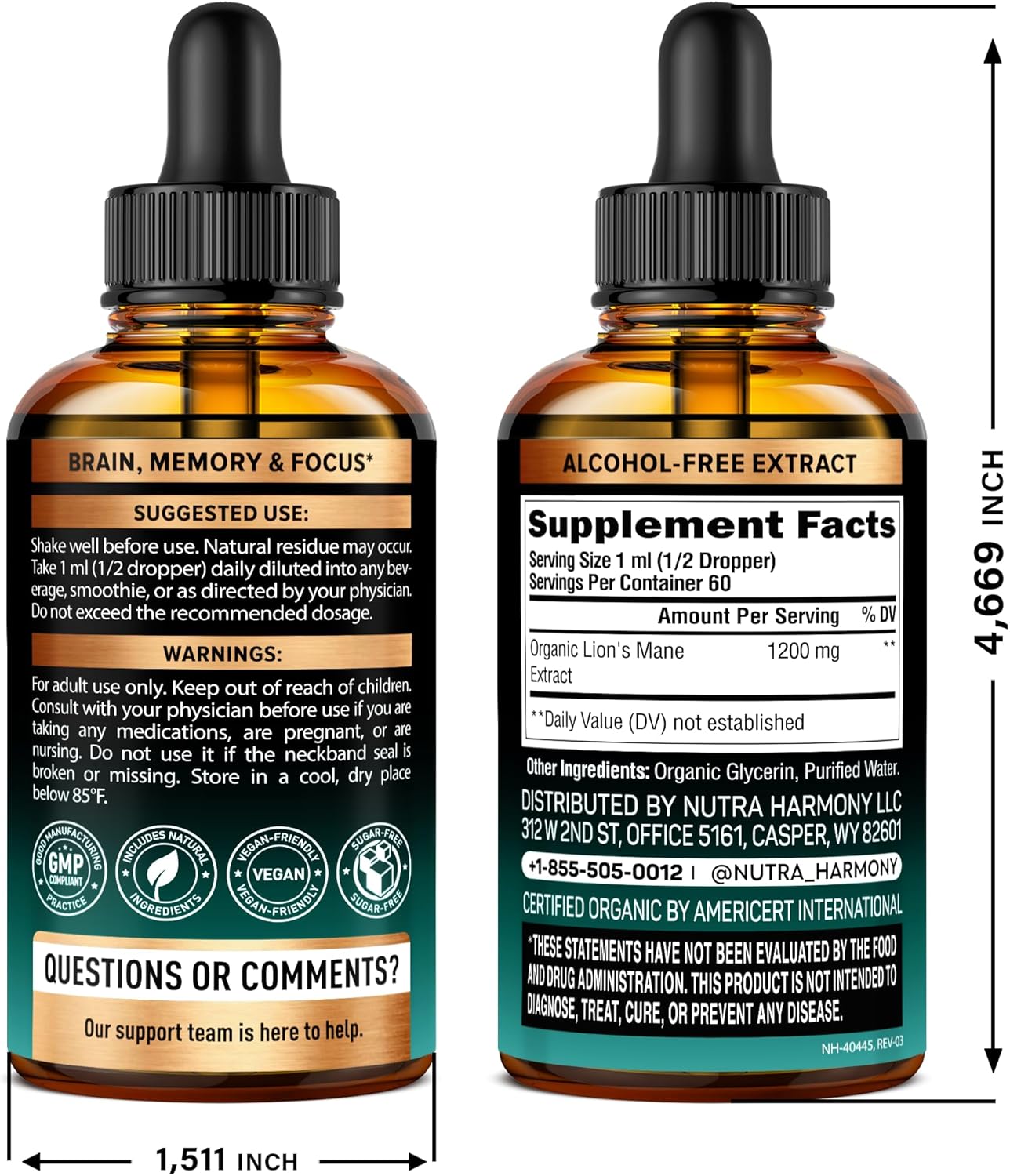 Lions Mane Liquid - USDA Certified Organic Lions Mane Supplement - Brain Support, Energy, Memory & Focus - Sugar & Alcohol-Free Lion's Mane Mushroom Extract 72,000 mg / Bottle, 2 Fl OZ, 2 Month Supply - Image 2