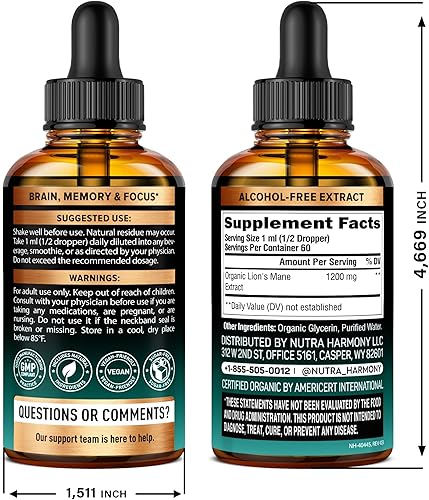 Miniatura 2 de Lions Mane Liquid  Suplemento orgánico de melena de león certificado por USDA  Apoyo cerebral, energía, memoria y enfoque  Extracto de hongo melena