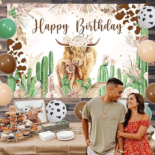 Miniatura 4 de Decoraciones de fiesta de cumpleaños de vaca de las tierras altas, fondo de arco de globos verde salvia marrón cactus, vaca santa boho, impresión de