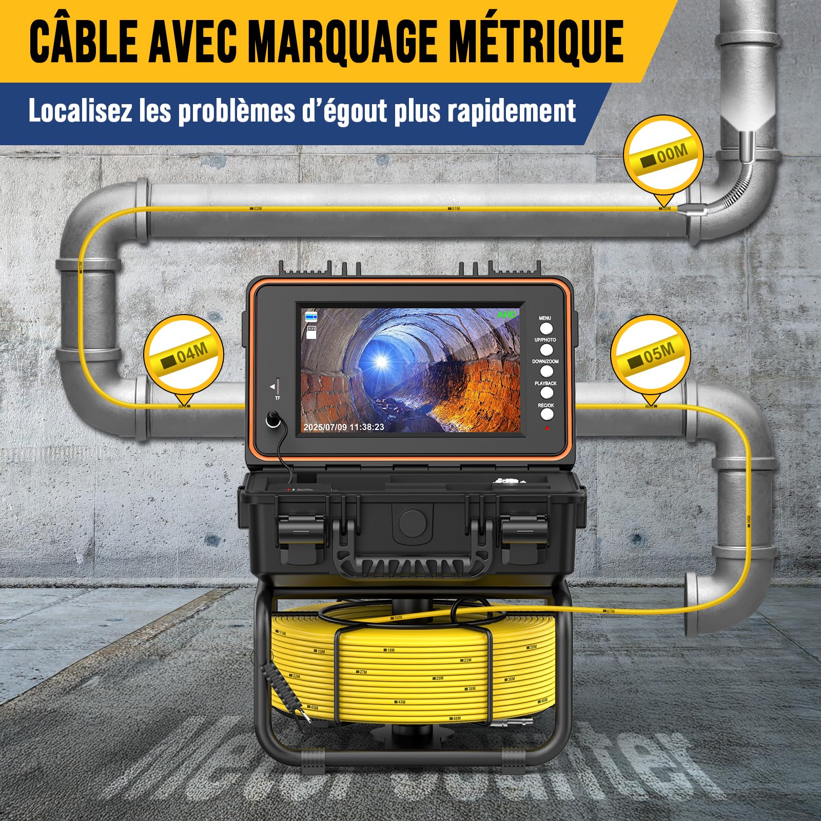 Caméra d’Inspection Canalisation, Caméra Auto-Nivelante 1080P et Émetteur 512Hz, Câble de 50M avec Repères Métriques, Écran IPS HD De 9 Pouces, DVR 32 Go, Batterie 5100 mAh, Étanchéité IP68