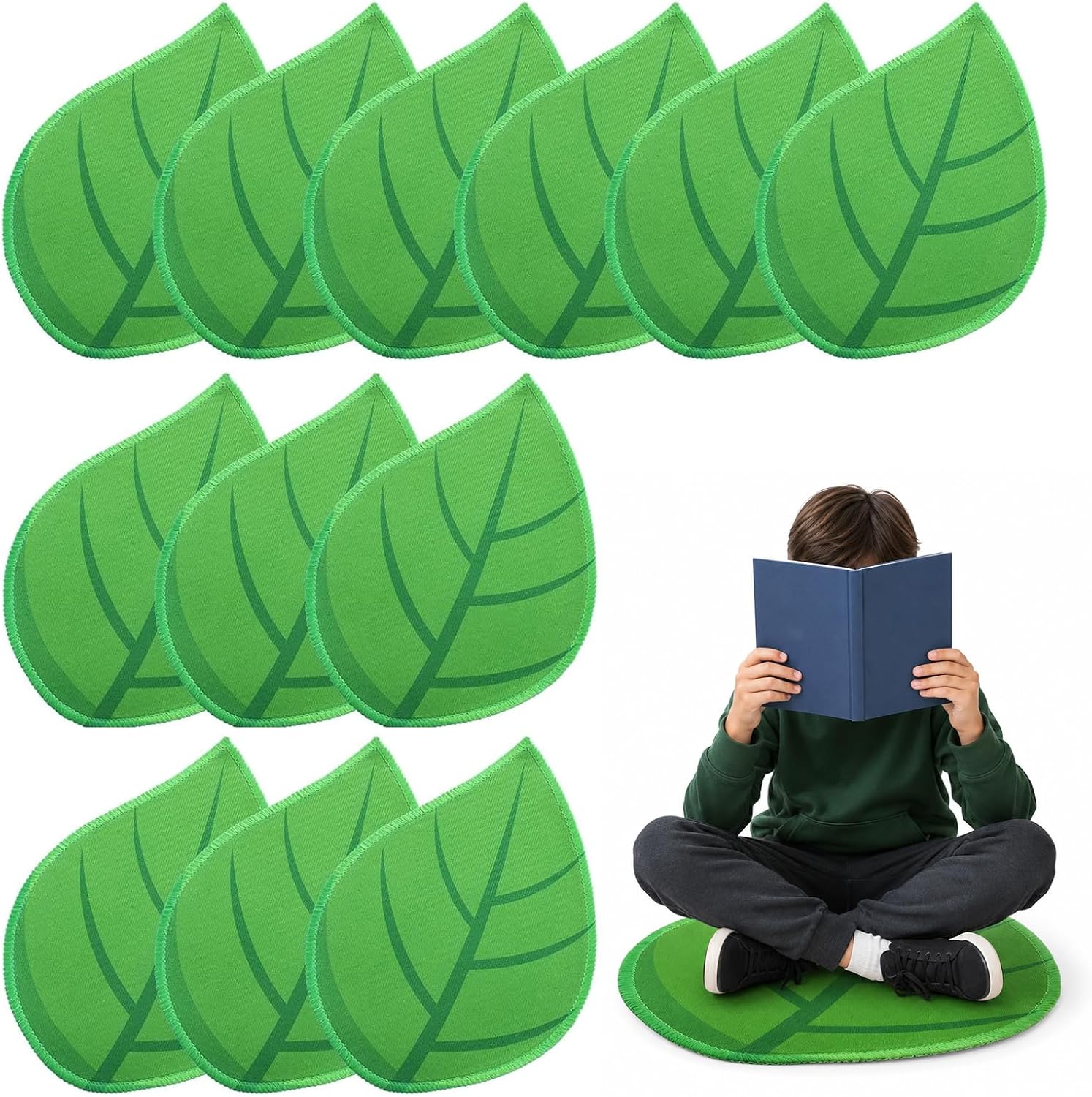 12 Pcs Green Leaf Classroom Carpet, 20 Inch Classroom Rug Floor Cushions Non Slip Carpet Sitting Floor Seats for Kindergarten Elementary Preschool Daycare School Learning Playing Areas
