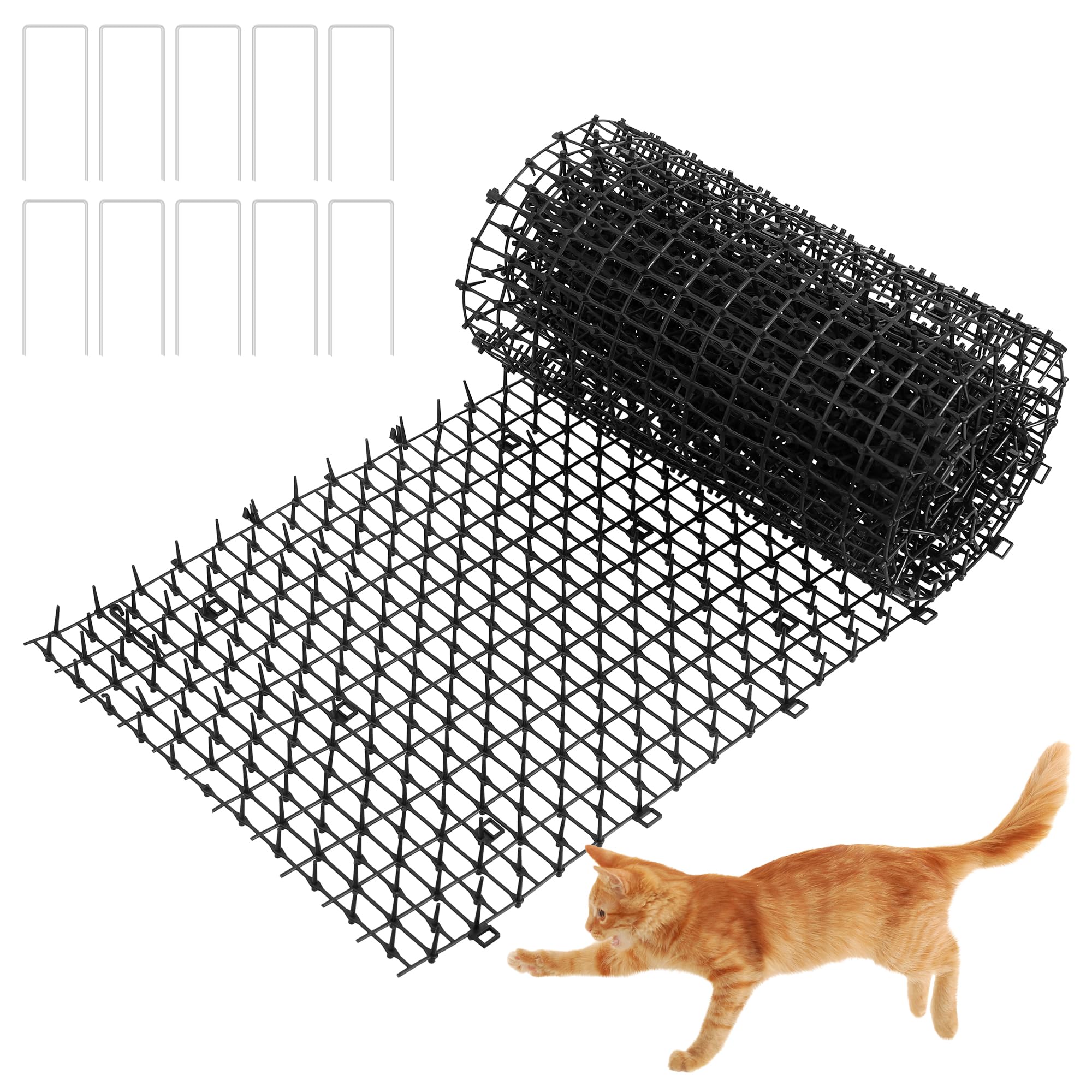 Spuntoni anti-gatto 30 x 200 cm, tappetino in plastica con spuntoni, tappetino anti-gatto con spuntoni, rete deterrente per animali domestici con 10 picchetti a forma di U per giardino, recinzione - 1