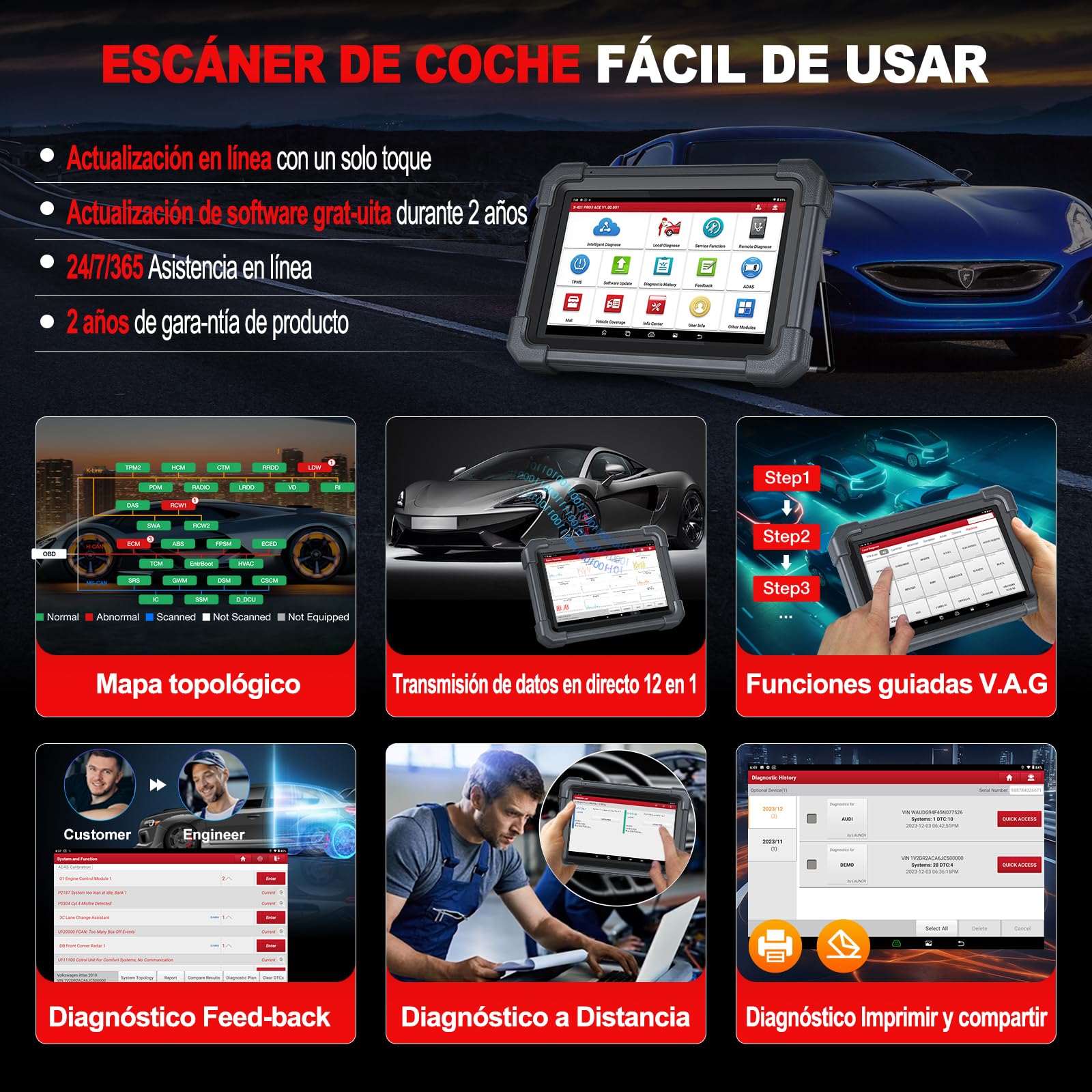 LAUNCH X431 PRO3 Ace OBD2 Diagnosis Coche Multimarca DBScar Bluetooth, Mapeo Topológico, Codificación ECU, CANFD&DoIP, 55+ Servicios, Función SGW, Vehículo Pesado Expanda Escáner, Guiada V.A.G.