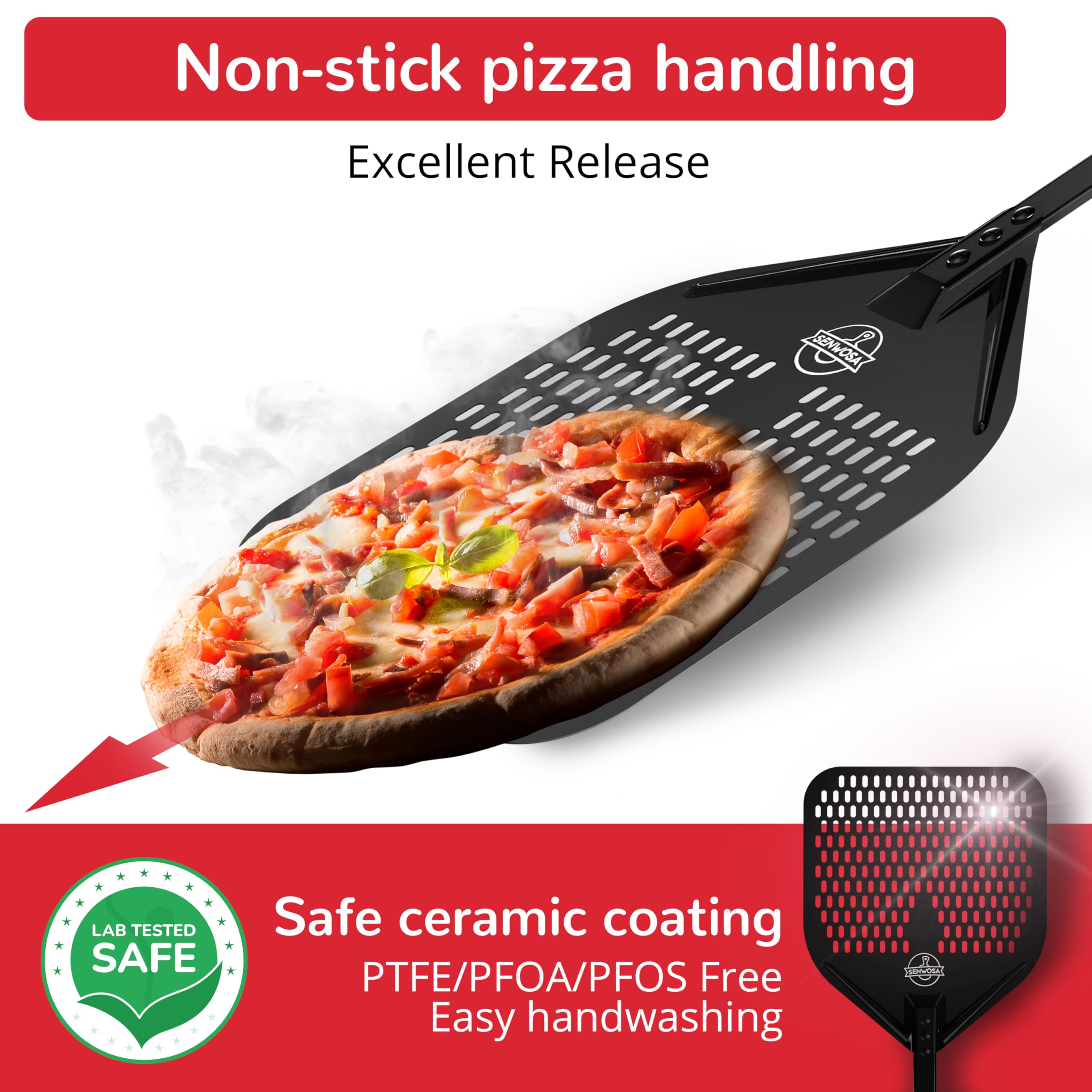 Senwosa Pala de pizza perforada antiadherente, excelente liberación de pizza, revestimiento de cerámica apto para alimentos, mango ergonómico para aspirantes a artesanos de pizza
