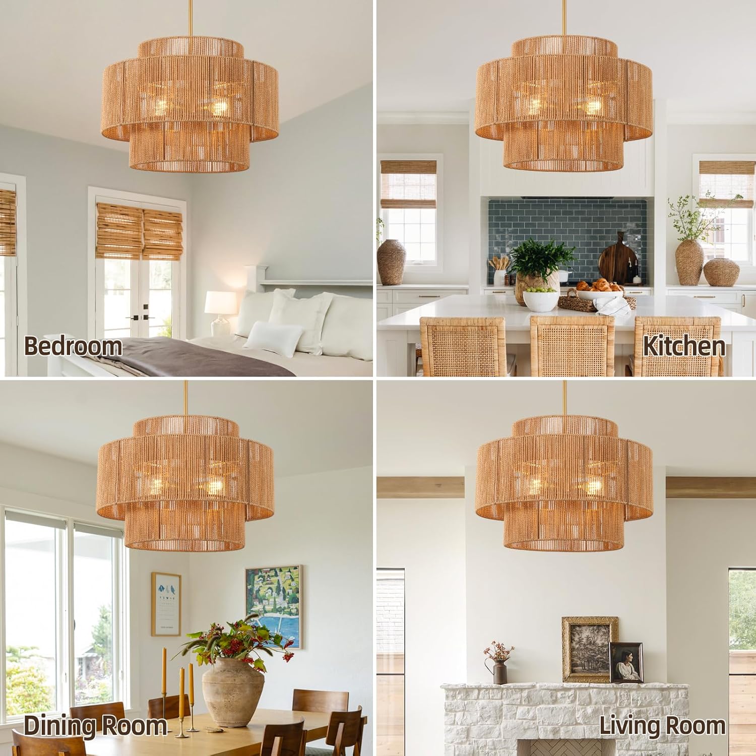 24.2 inch Boho Rattan Chandeliers for Dining Room, 4-Light Large Boho Pendant Light Rustic Drum Chandelier Farmhouse Rattan Light Fixtures for Kitchen Island Foyer Bedroom (Gold), 70.8"H Max