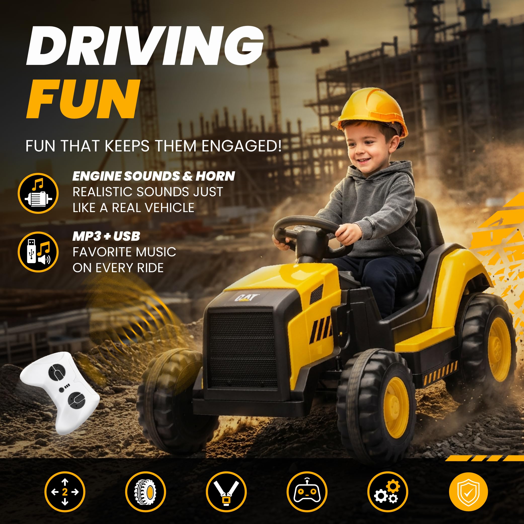 SUN BABY CAT – Trattore Elettrico per Bambini 12V, Auto elettrica con Telecomando, MP3 USB, Cinture di Sicurezza, Veicolo 3–6 Anni
