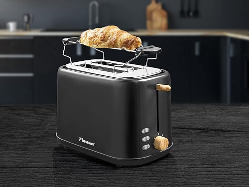 Miniatura 5 de Bestron Tostadora para 2 rebanadas de pan, incl. tapa para sándwich, 7 niveles de dorado y bandeja para migas, 800 vatios, diseño negro y madera,